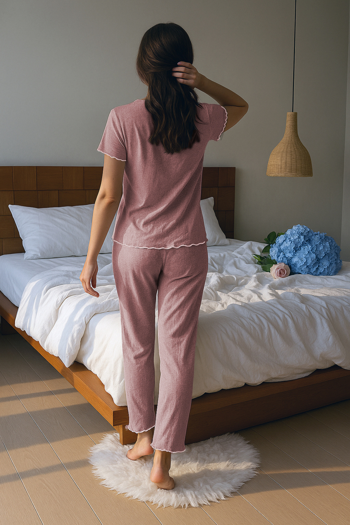 BELLA NOTTE Pamut Dusty Rose Bow részletes szezonális pizsama szett