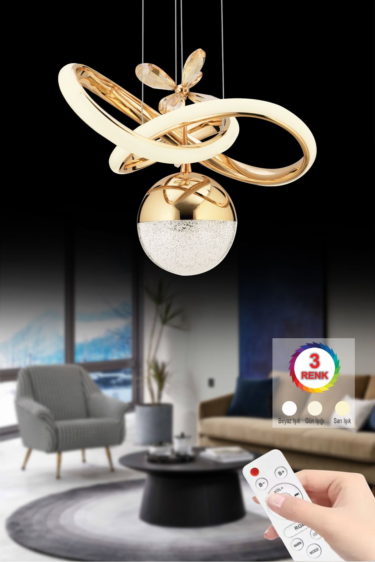 İstanbul Avize İstanbul Avize Begonvil Tekli Gold Kumandalı 3 Renkli Ledli Modern lüx Kristal Taşlı Led Avize