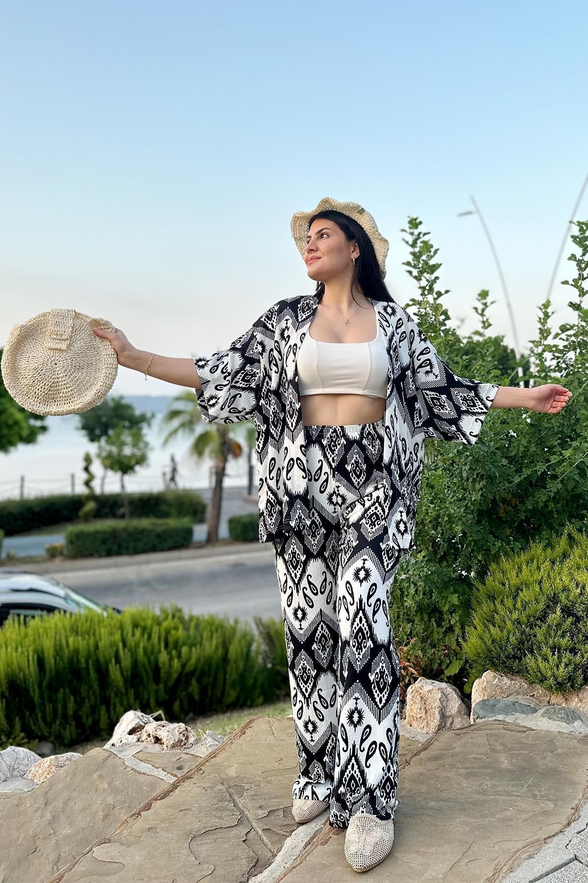 shop Siyah Renk Desenli Ikili Kimono Takım ( Rahat Kalıp )