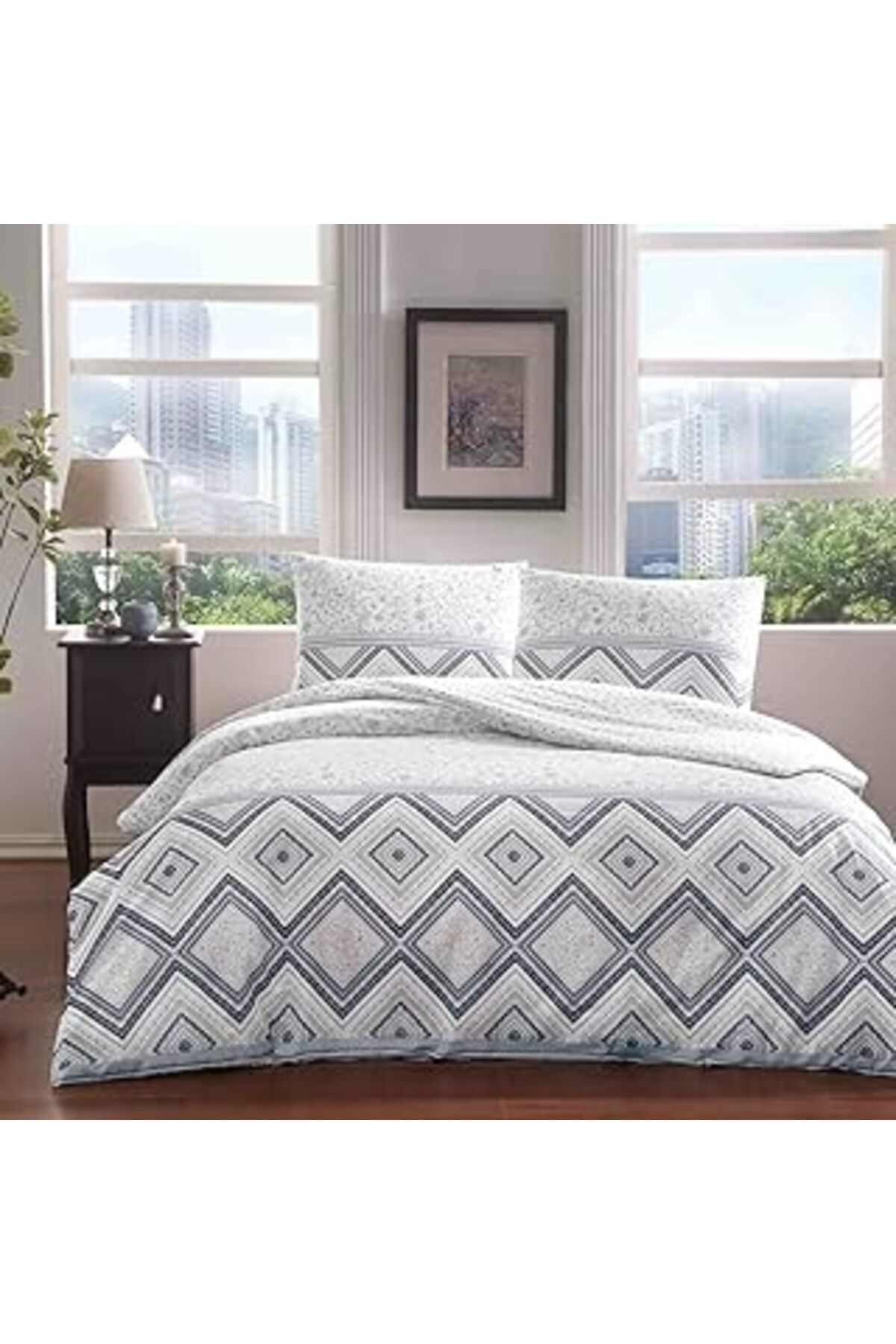 NZM TİCARET Perry Ranforce Geometrik Desenli%100 Pamuk Nevresim Takımı, Lacivert, Çift Kişilik (Nevresim: 200X2