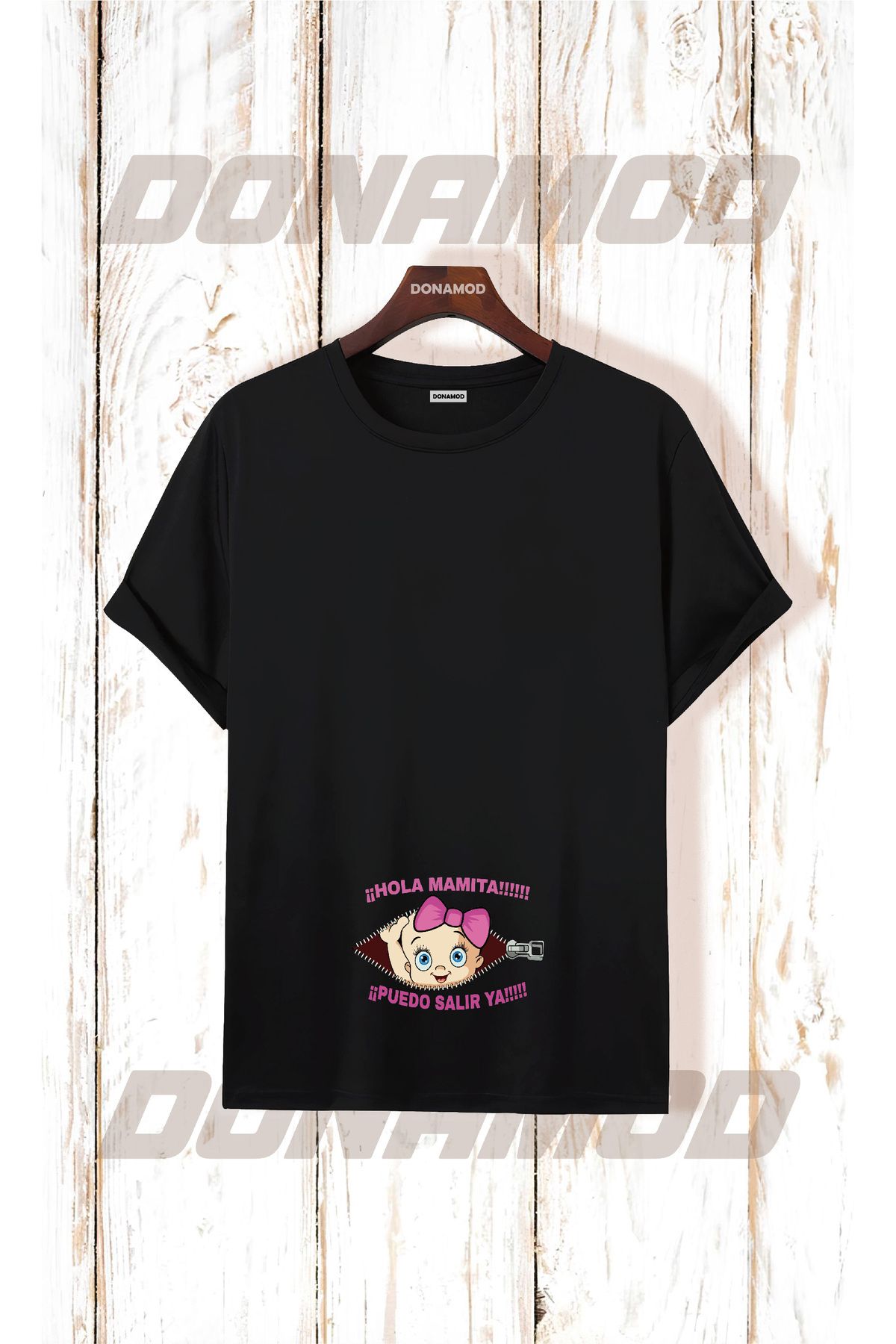 donamod Siyah Beyaz Unisex Kısa Kollu Oversize Geniş Kalıp Hamile Bebek Anne Hediye Tasarımlı Tişört T shirt