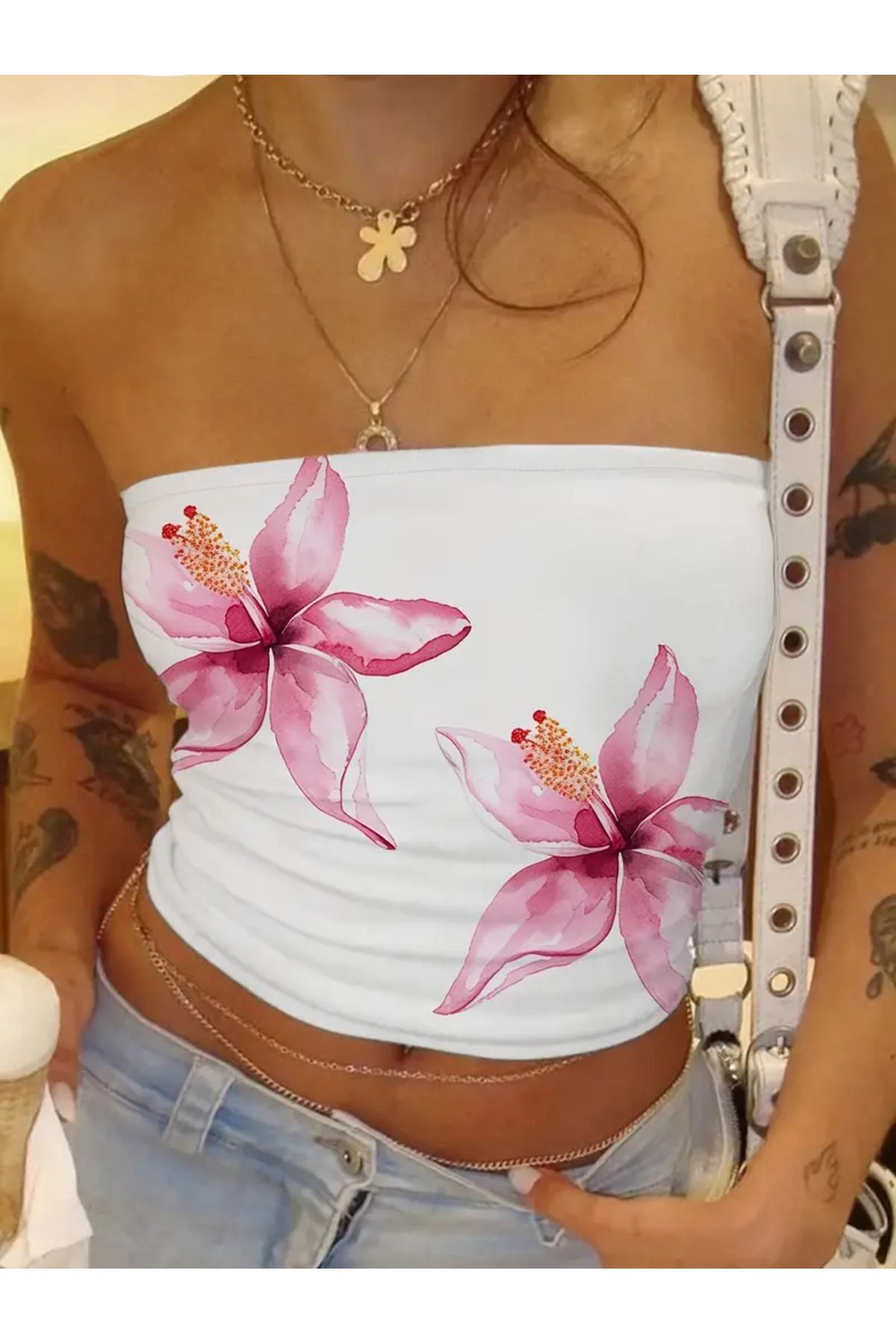 npLStore Kadın Hawaii Çift Çiçek Baskılı Yeni Sezon Nefes Alabilen Pamuklu Crop Büstiyer