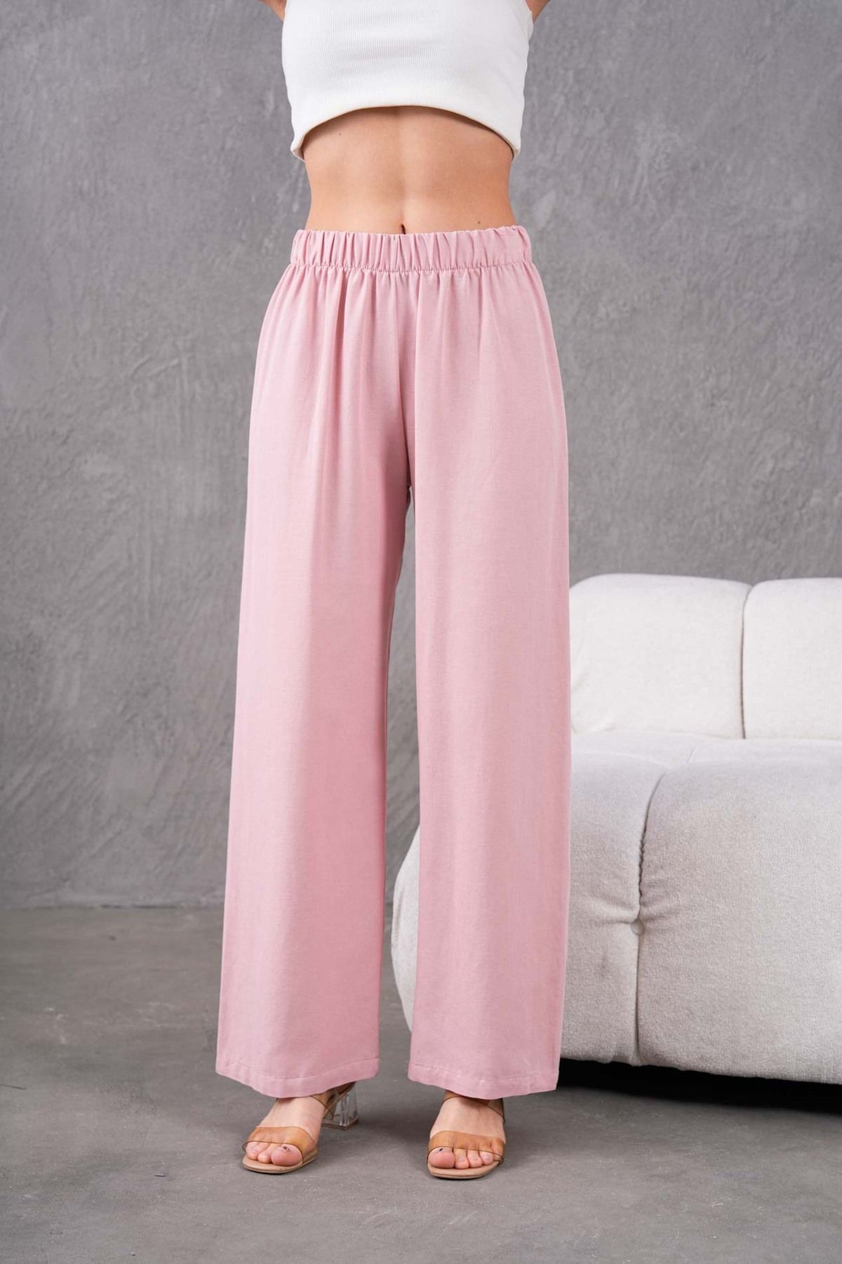 MVStore Kadın Beli Lastikli Bol Paça Rahat Kalıp Keten Pantolon