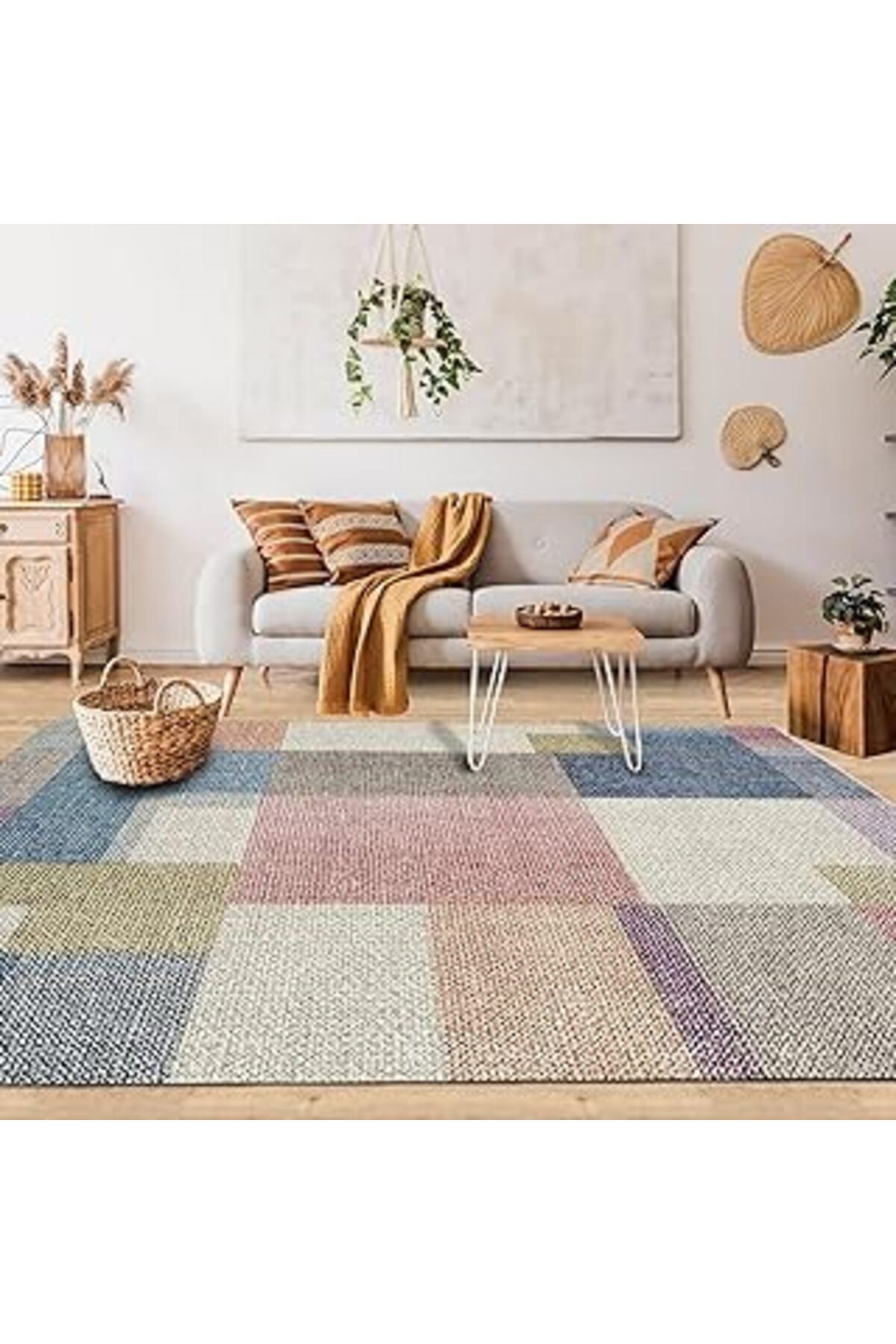 NZM TİCARET Latte Dizayn Anika Desenli Pamuk Tabanlı Yıkanabilen Kaydırmaz Antibakteriyel Salon Halısı 80X150