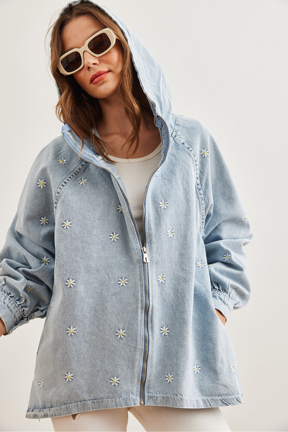 Olalook-Jachetă de damă din denim cu glugă cu broderie albastră - buzunare, fermoar CKT- 19000380 6
