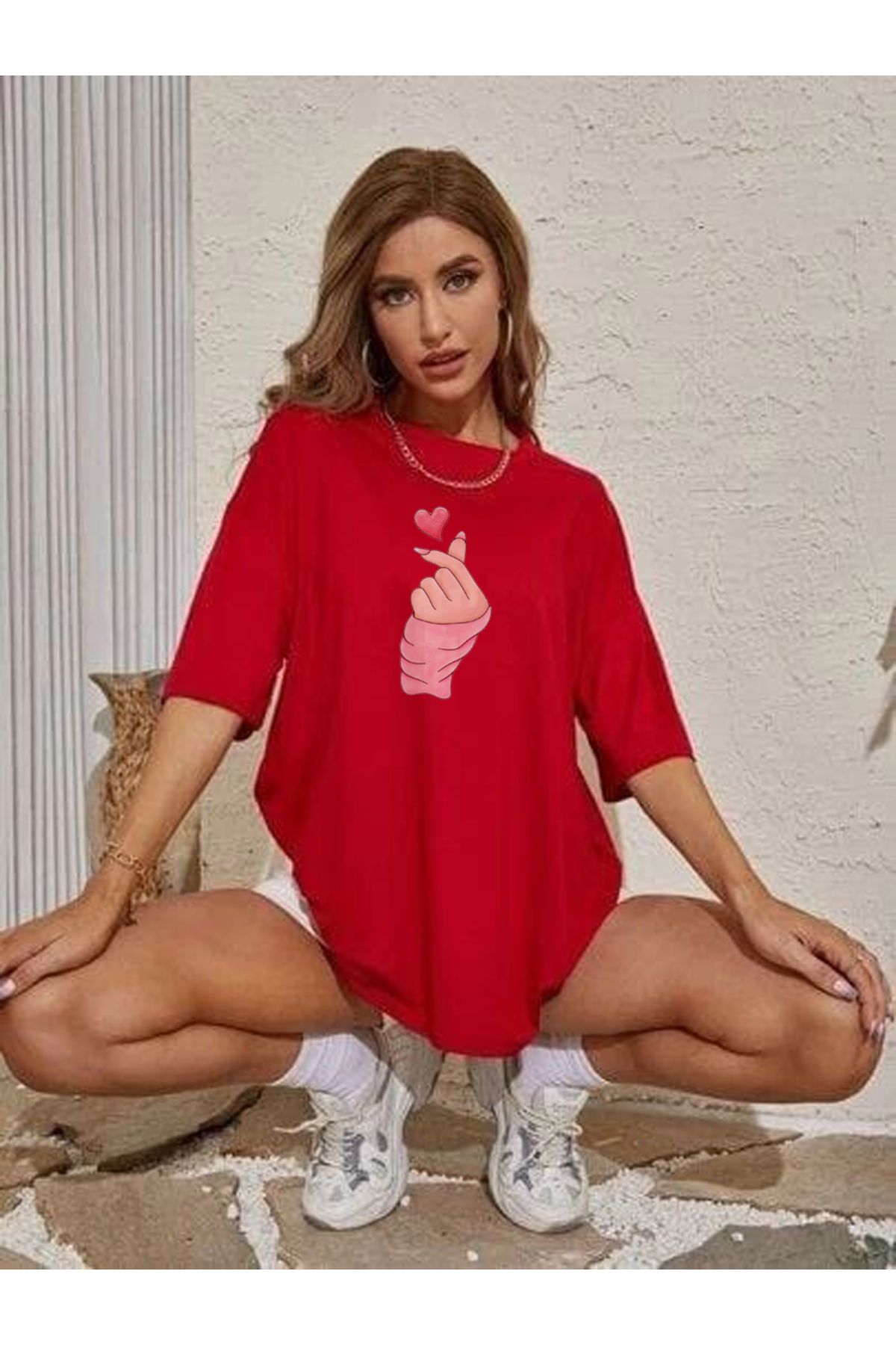 TekTarzz Unisex Kore Parmak Kalp Baskılı Tshirt