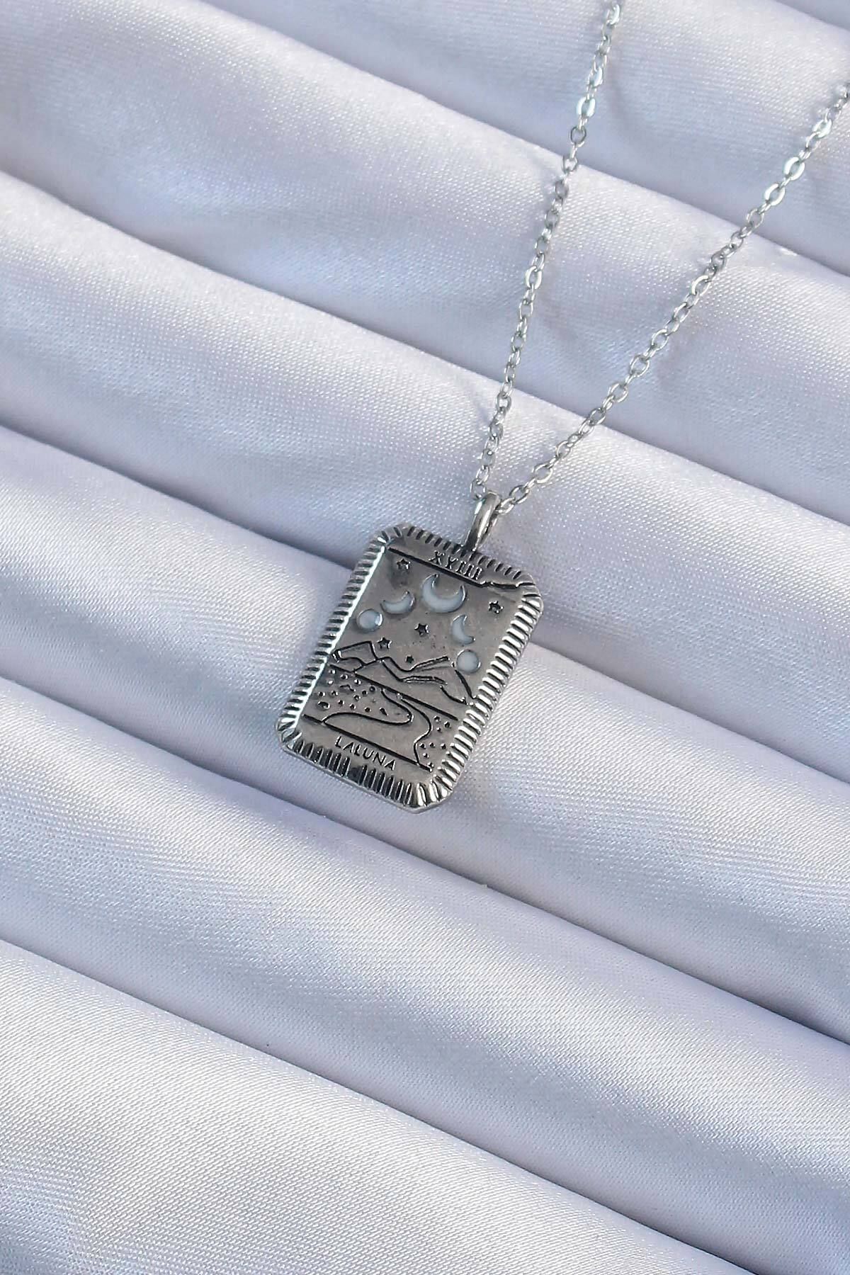 MMB Boutique 316L Çelik Zincir Eskitme Gümüş Renk Ay Figürlü Tarot Kolye