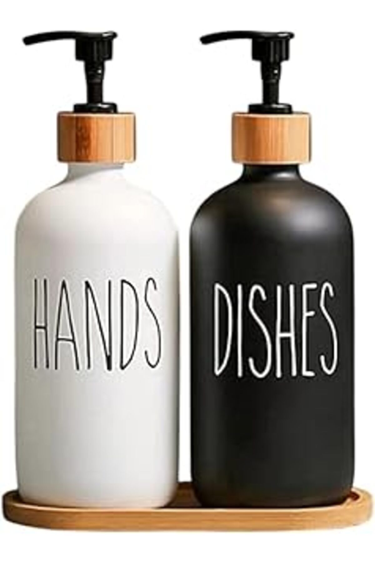 karadağsb 2’Li Hands Dishes Siyah Beyaz Dekoratif Mutfak Banyo Sıvı Cam Sabunluk Seti 500Ml Bambu Stantlı Set