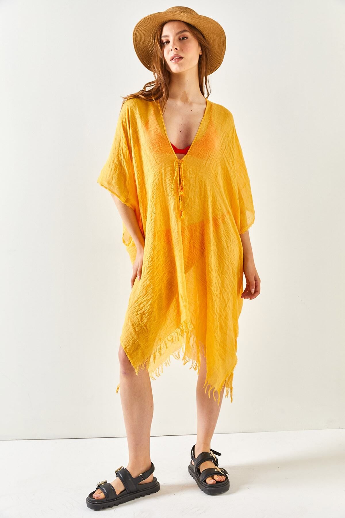 Olalook-Damskie musztardowe wiązanie Pareo Kimono z rozcięciem KMN-00000063 2