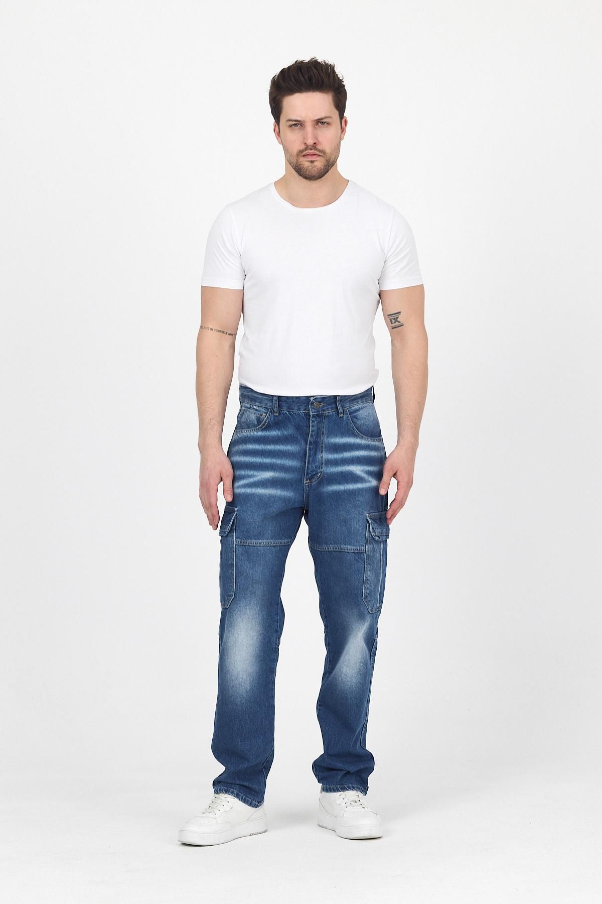 DAMGA JEANS Erkek Yıkama Detaylı Jeans Bol Paça Kargo Cepli Baggy Pantolon Mavi
