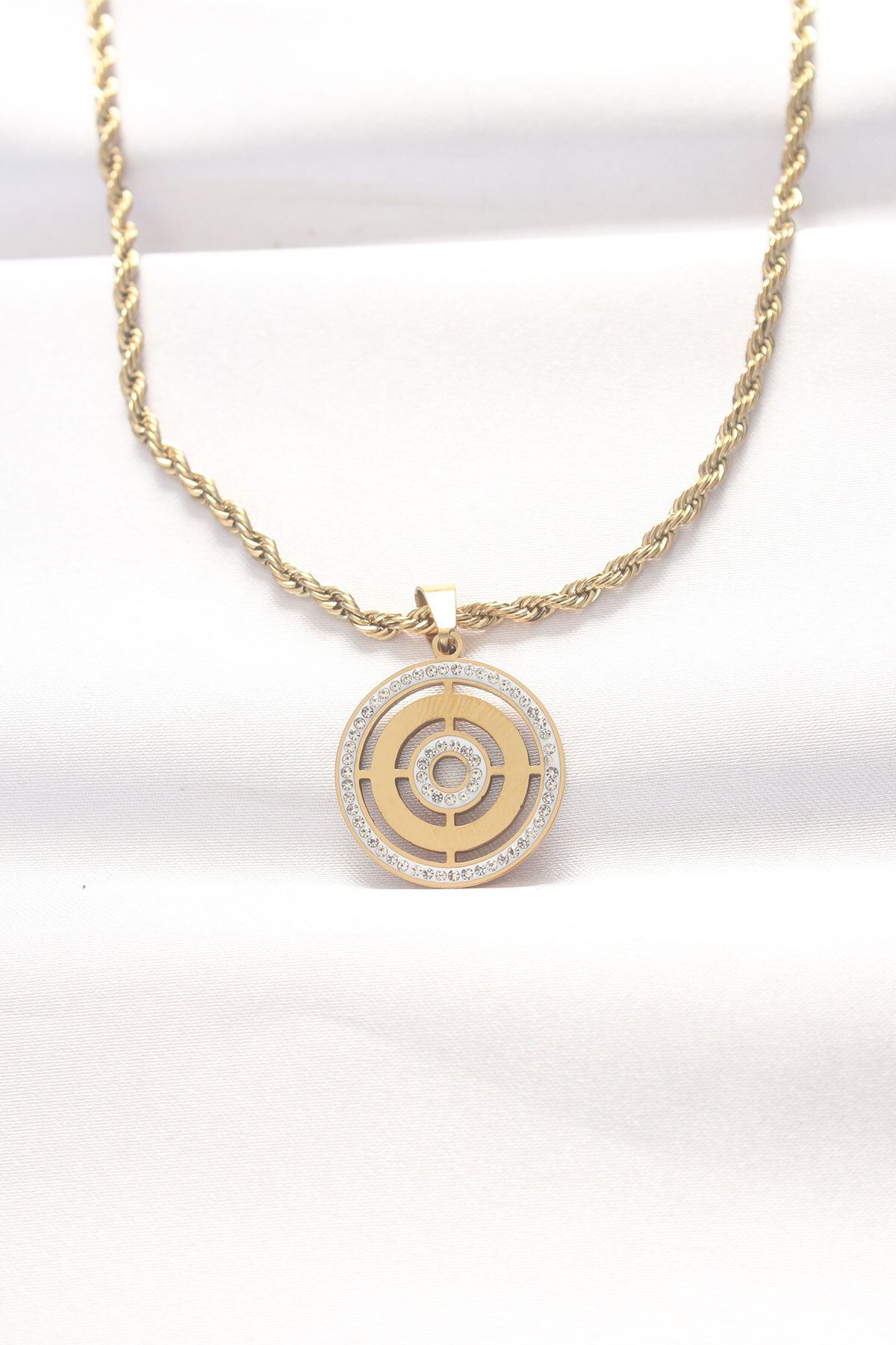 BZK ACCESSORİES 316L Çelik Gold Renk Zirkon Taşlı Burgu Zincirli Kolye