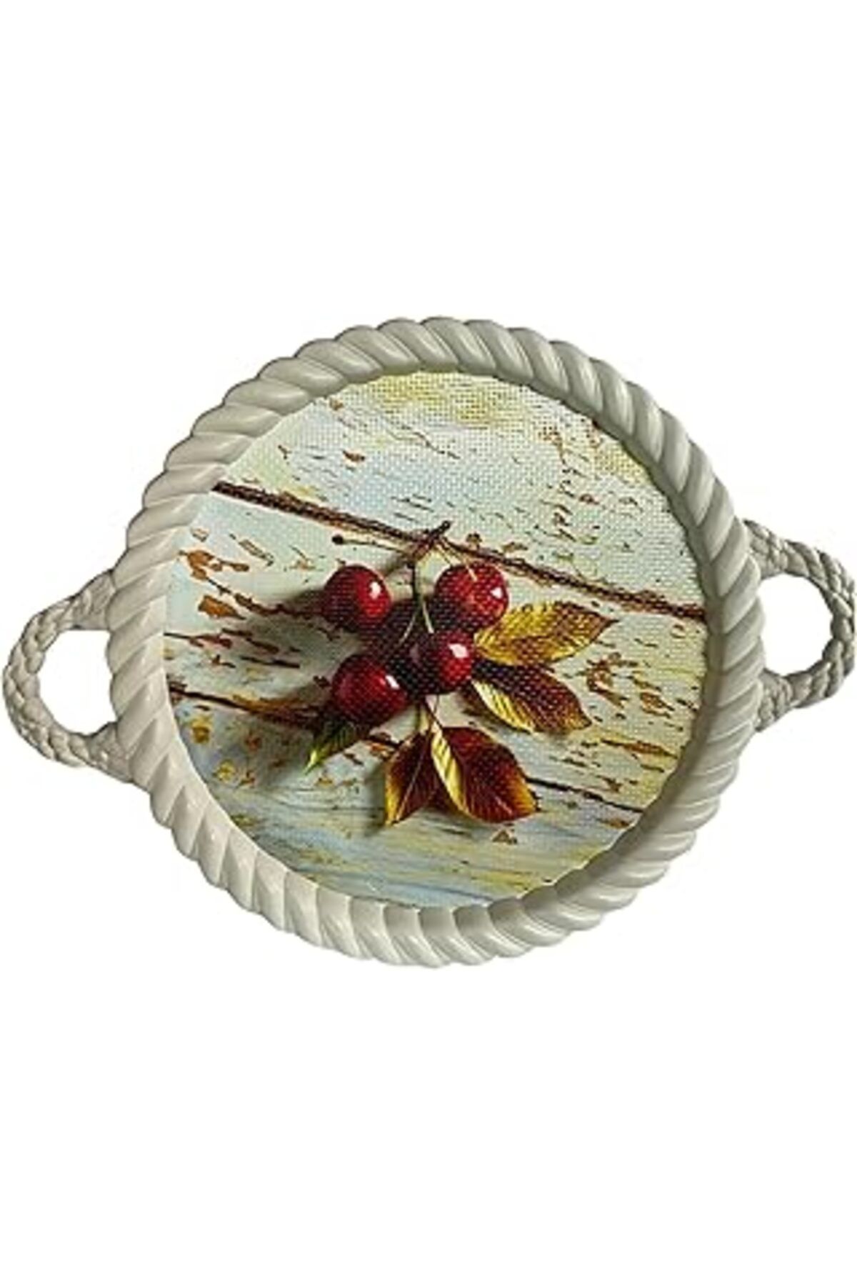 Mu Art Lüks Dekoratif Plastik Tepsi Bukleli Çerçeve 35 X 35 Renkli Kiraz Dalı Desenli