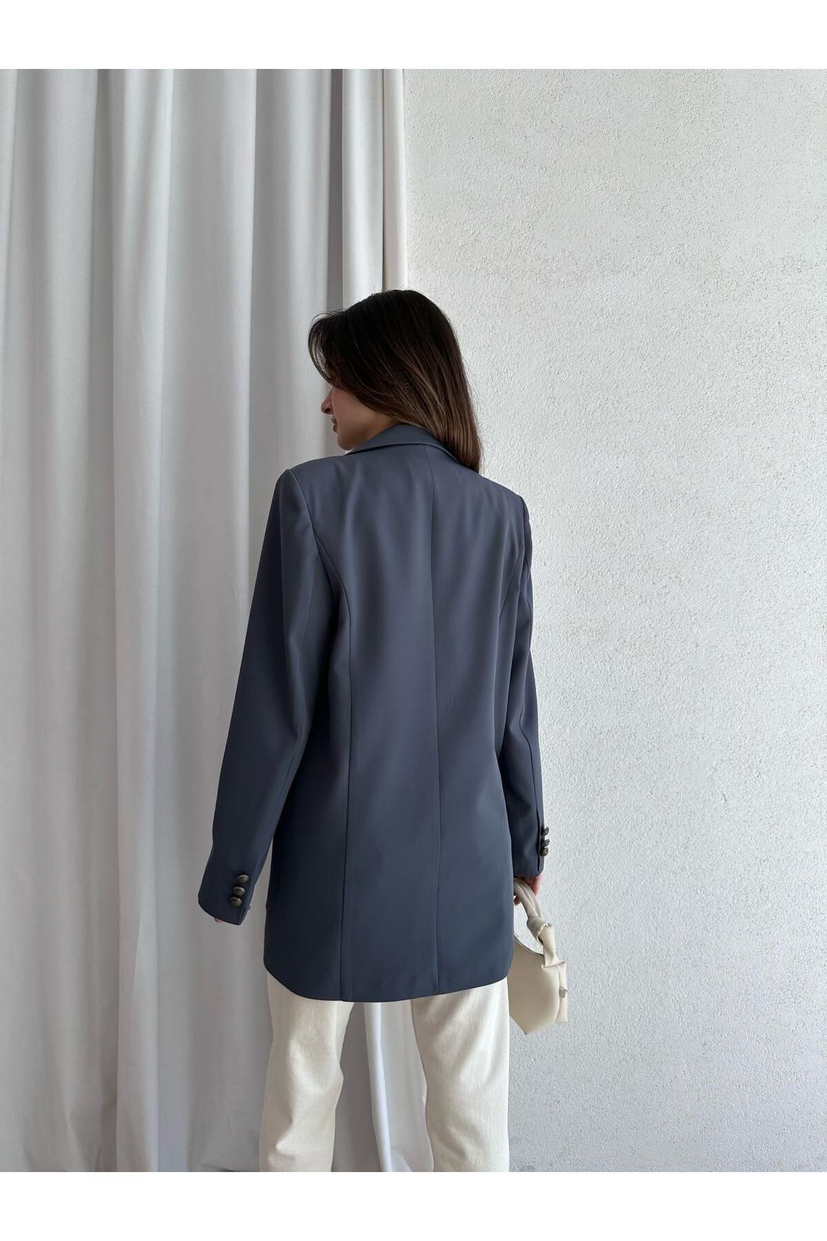 BUTİK ELAJ Kadın Gri Torbacep Kruvaze Blazer Ceket