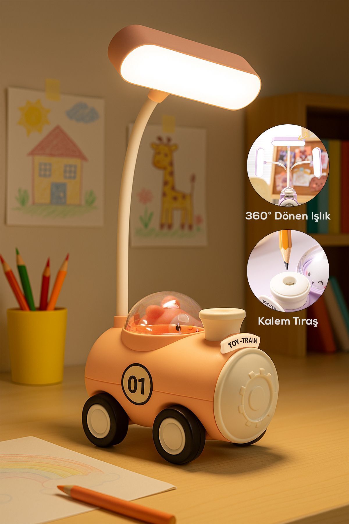 Arfseb Sevimli Oyuncak Tren, 360° Dönebilen Kalem Traş Özellikli Led Gece Lambası-pembe