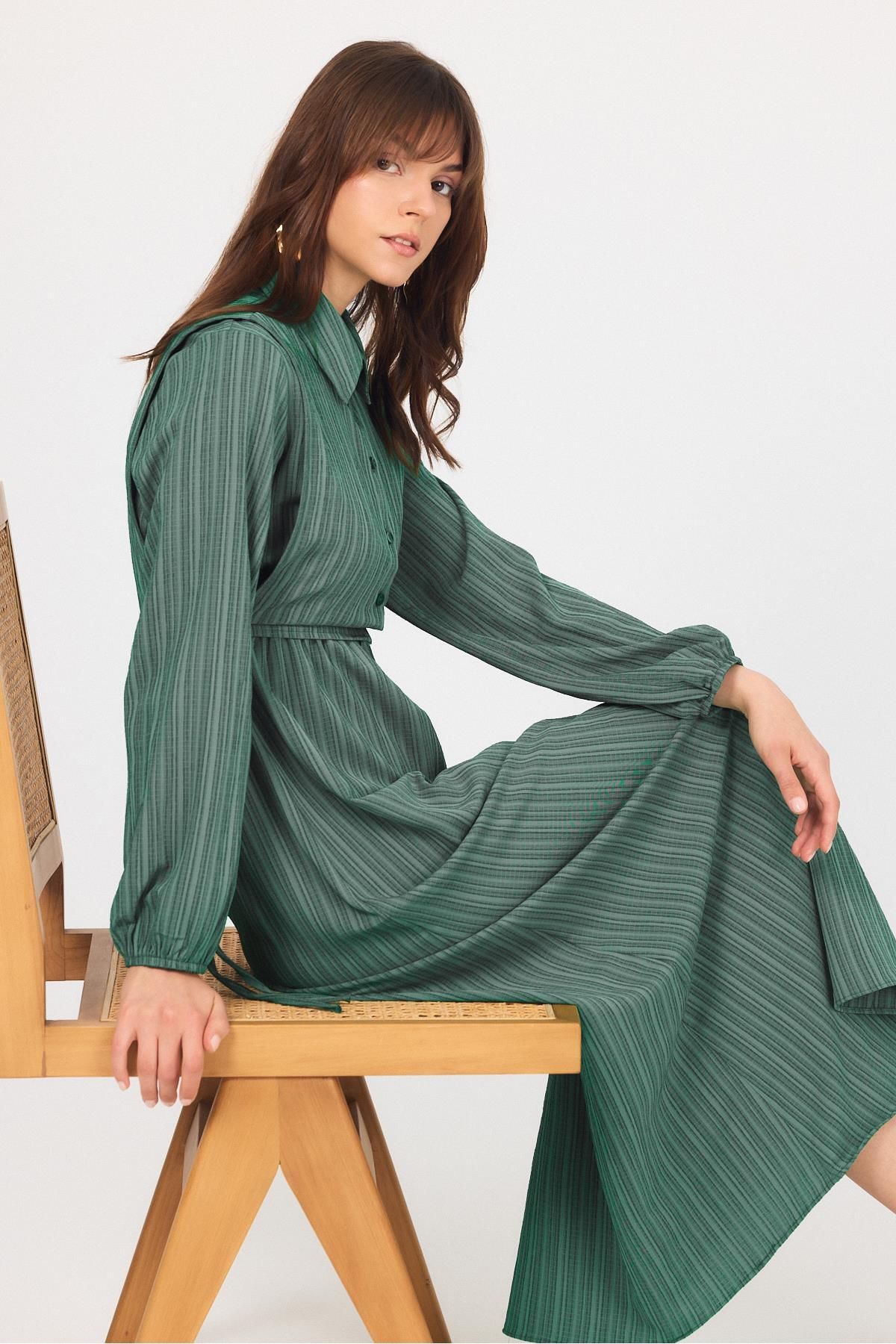 Rays Benetton Yeşili Çift Kullanımlı Çıkma Yakalı Dokuma Elbise 4652A