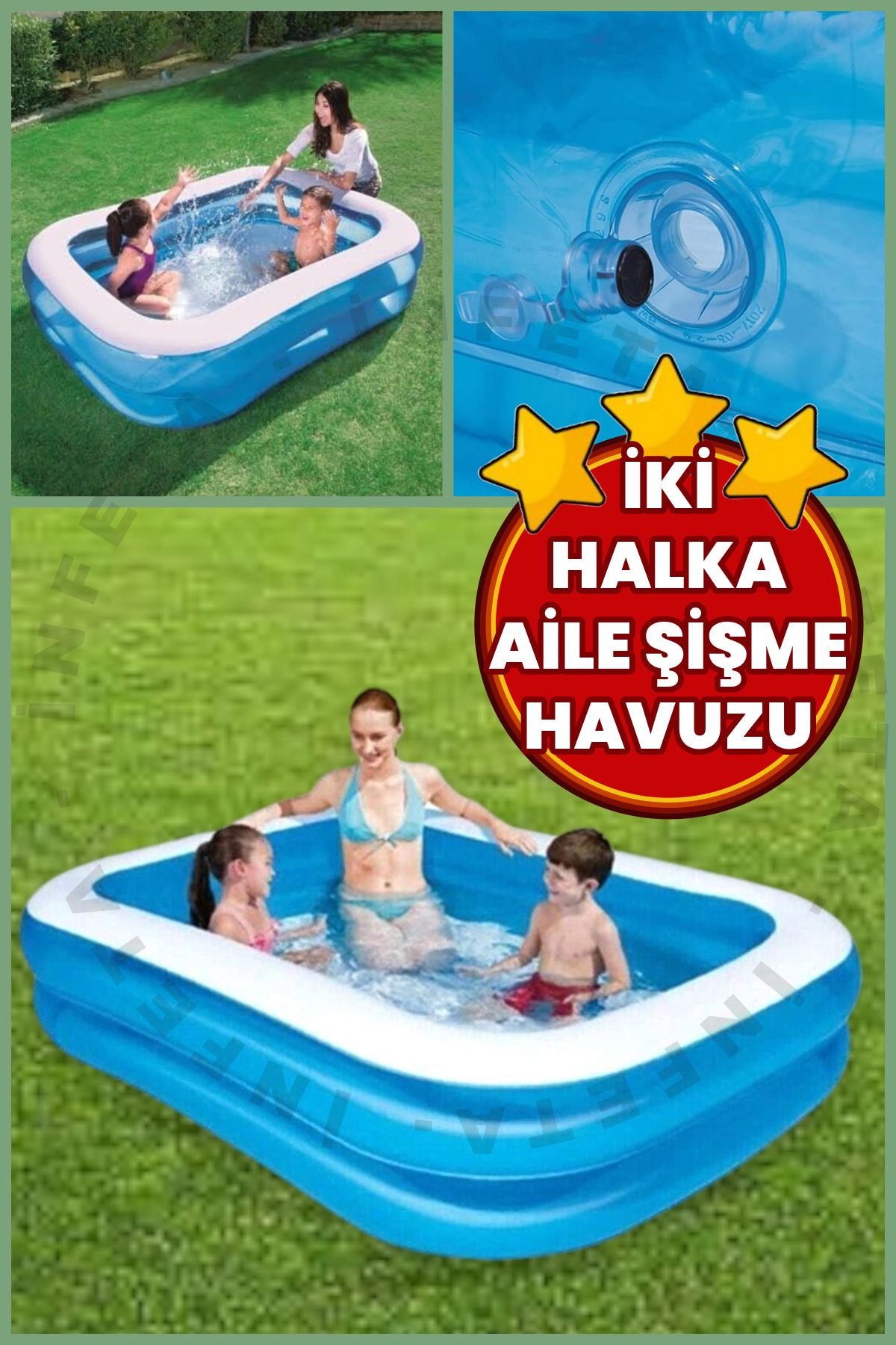 İnfeta İKİ HALKA 400LT KARE AİLE MAVİ ŞİŞME HAVUZ 2.11X1.32X46 CM