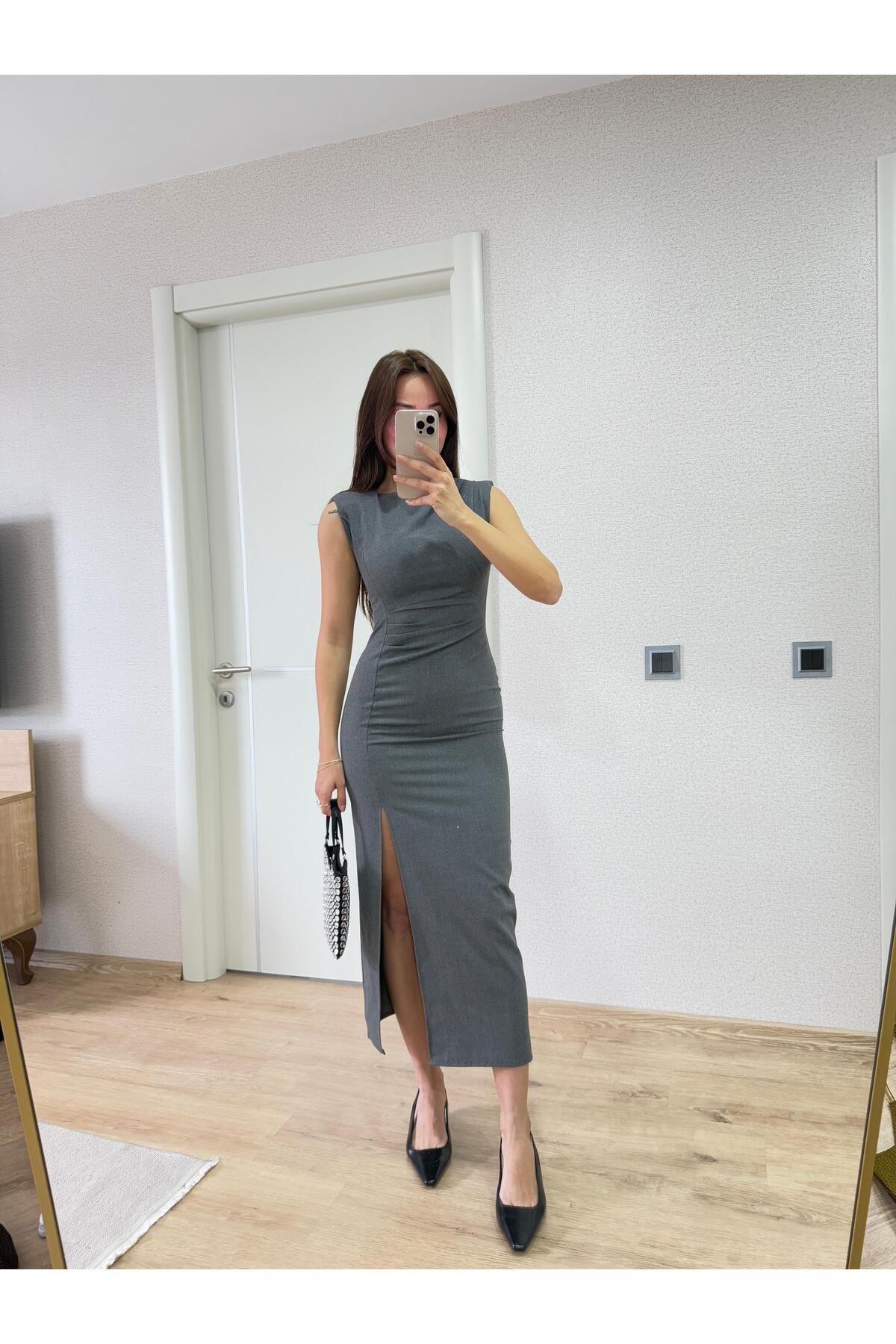 FMN Butik tasarım marka muadil bele oturan midi yırtmaçlı vatkalı sıfır kol pinterest model uzun şık elbise