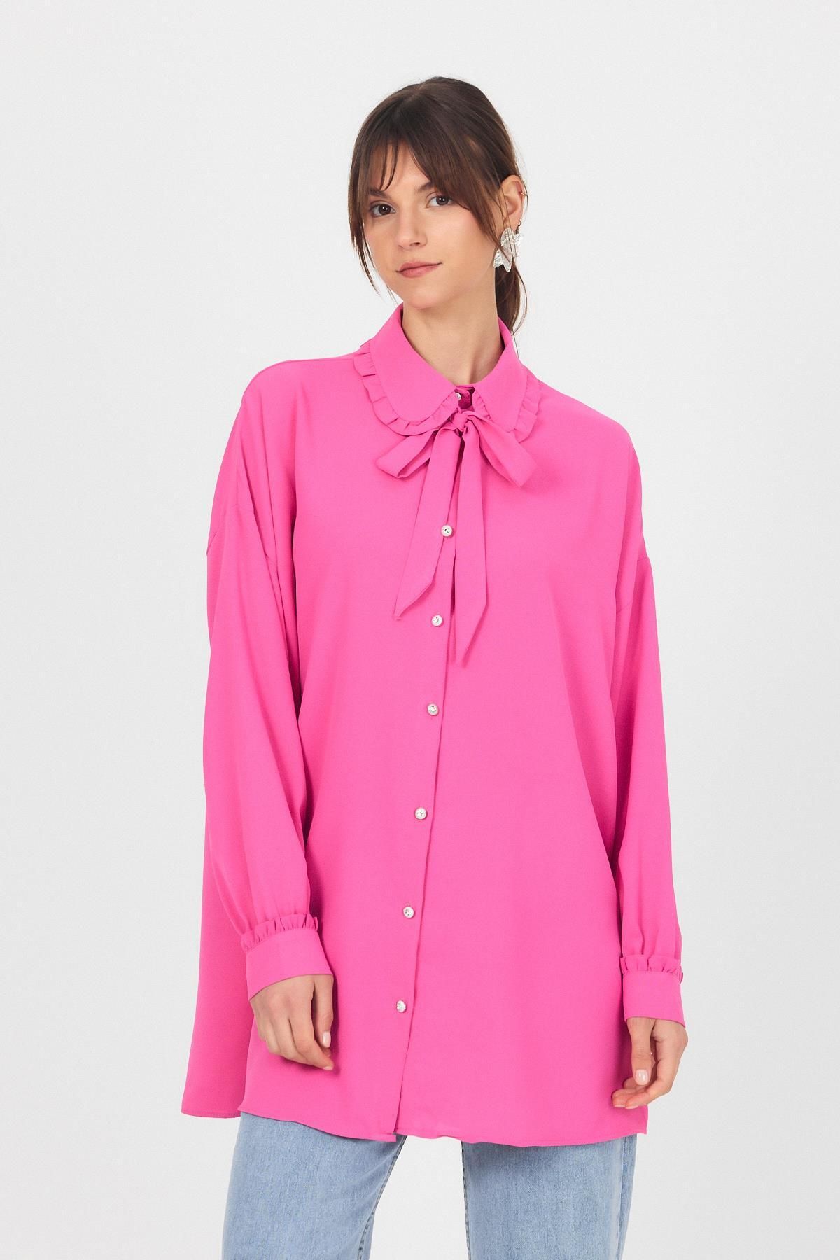 Rays Pembe Fırfır Yaka Detaylı Bağlamalı Tunik 4586A