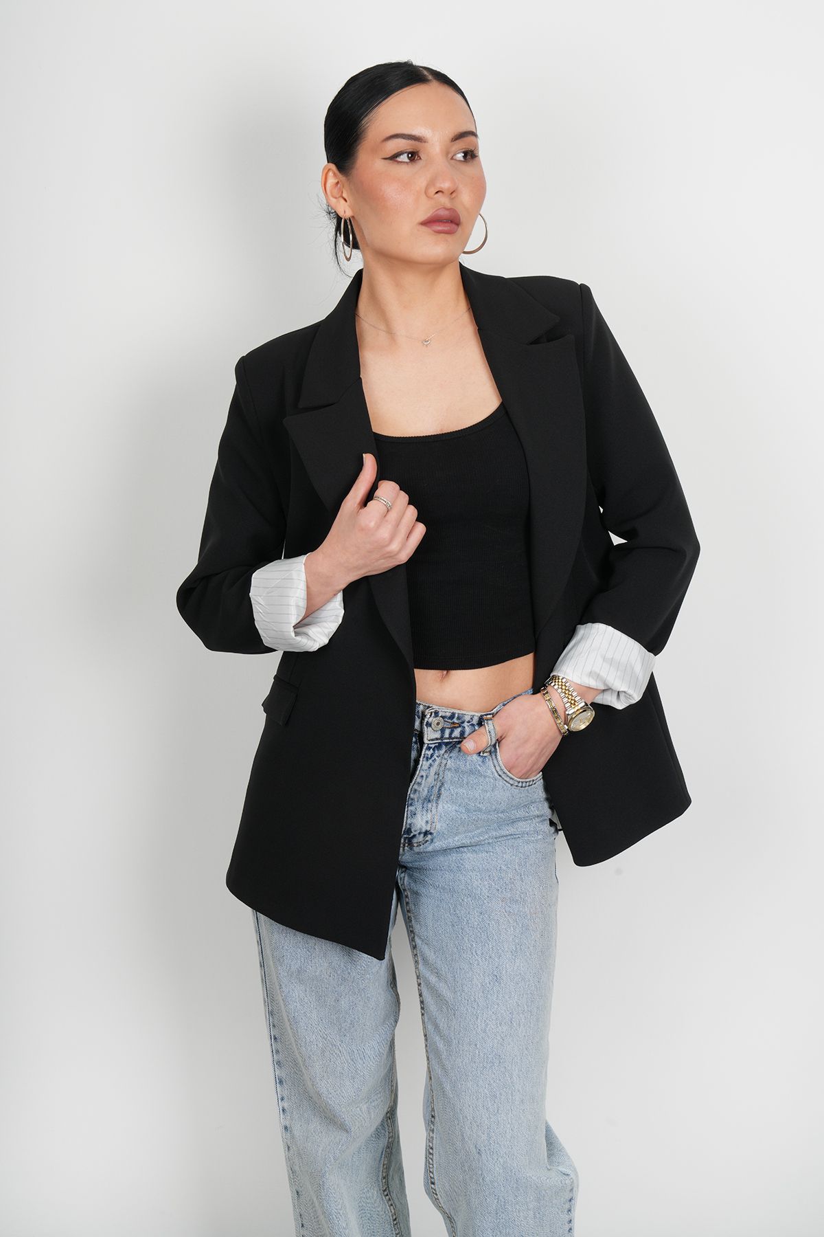 stilsepeti Kadın Siyah Astarı Çizgili Çift Cepli Premium Blazer Ceket DRL-1000540020
