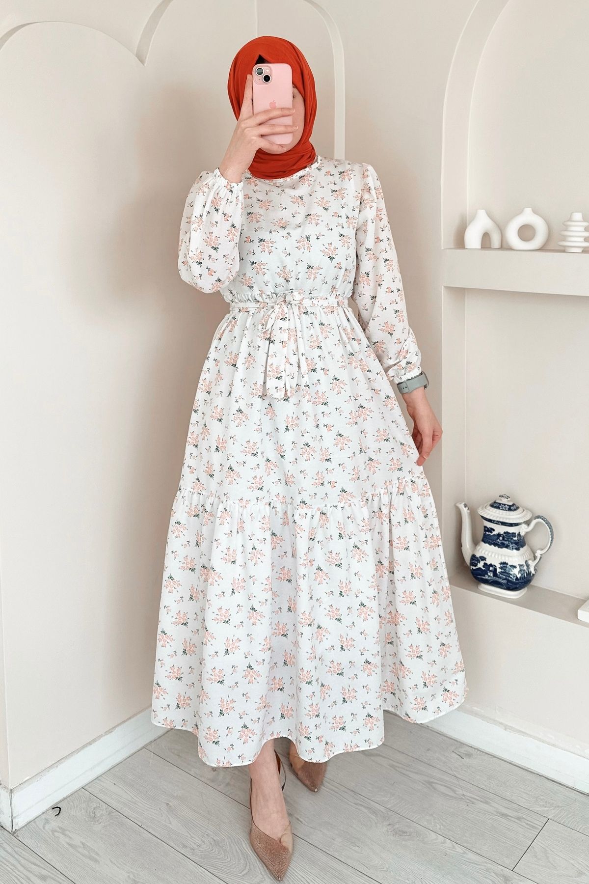 ModaAycan Buket Çiçek Desenli Turuncu Elbise MA12942