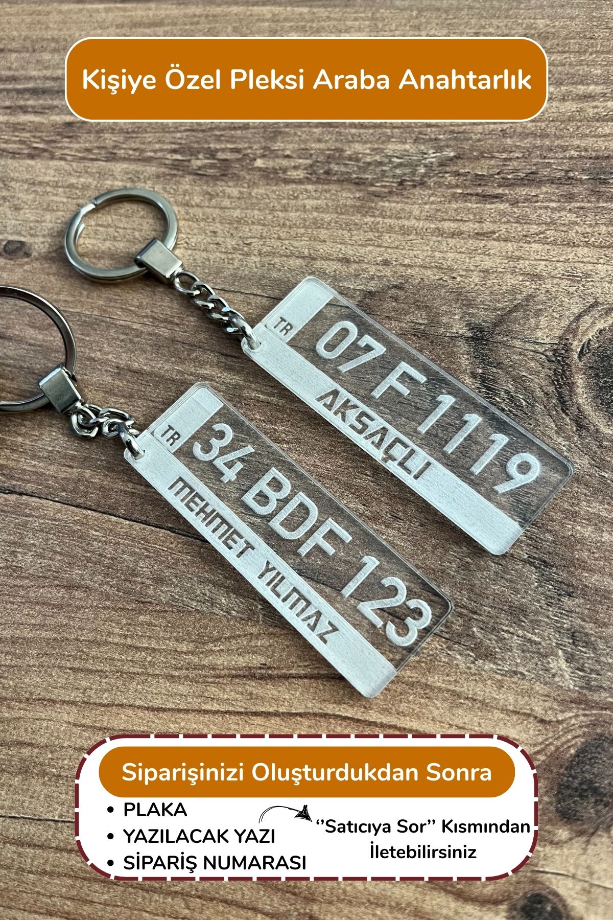 SepetDoluyor Kişiye Özel Şeffaf Pleksi Araba Anahtarlık – 7.5x2.5 cm – İsim & Plaka Yazılı Hediyelik