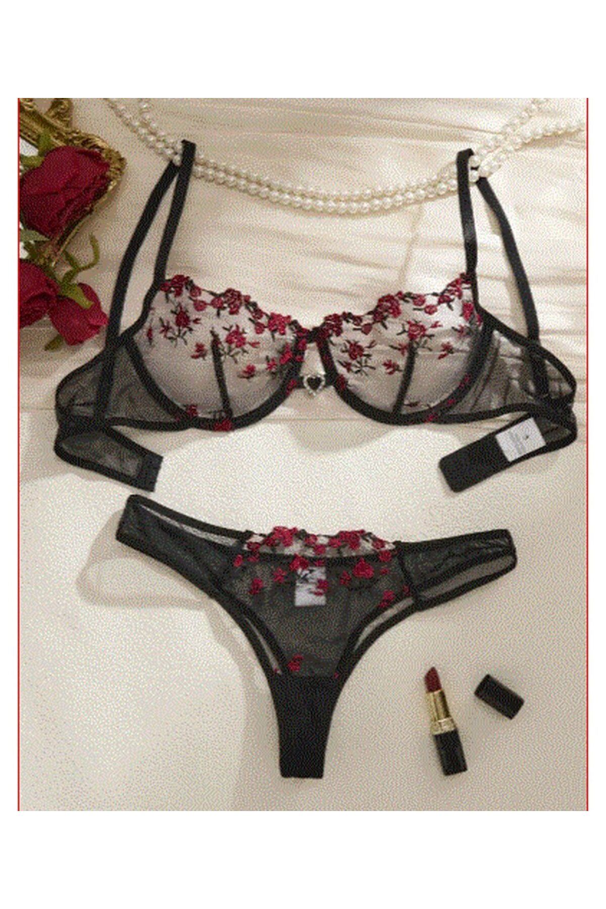 modares Çiçekli Nakışlı Dantel Fantazi Sütyen Kilot İç Giyim - Fantazi Gecelik - Tanga - Transparan Lingerie