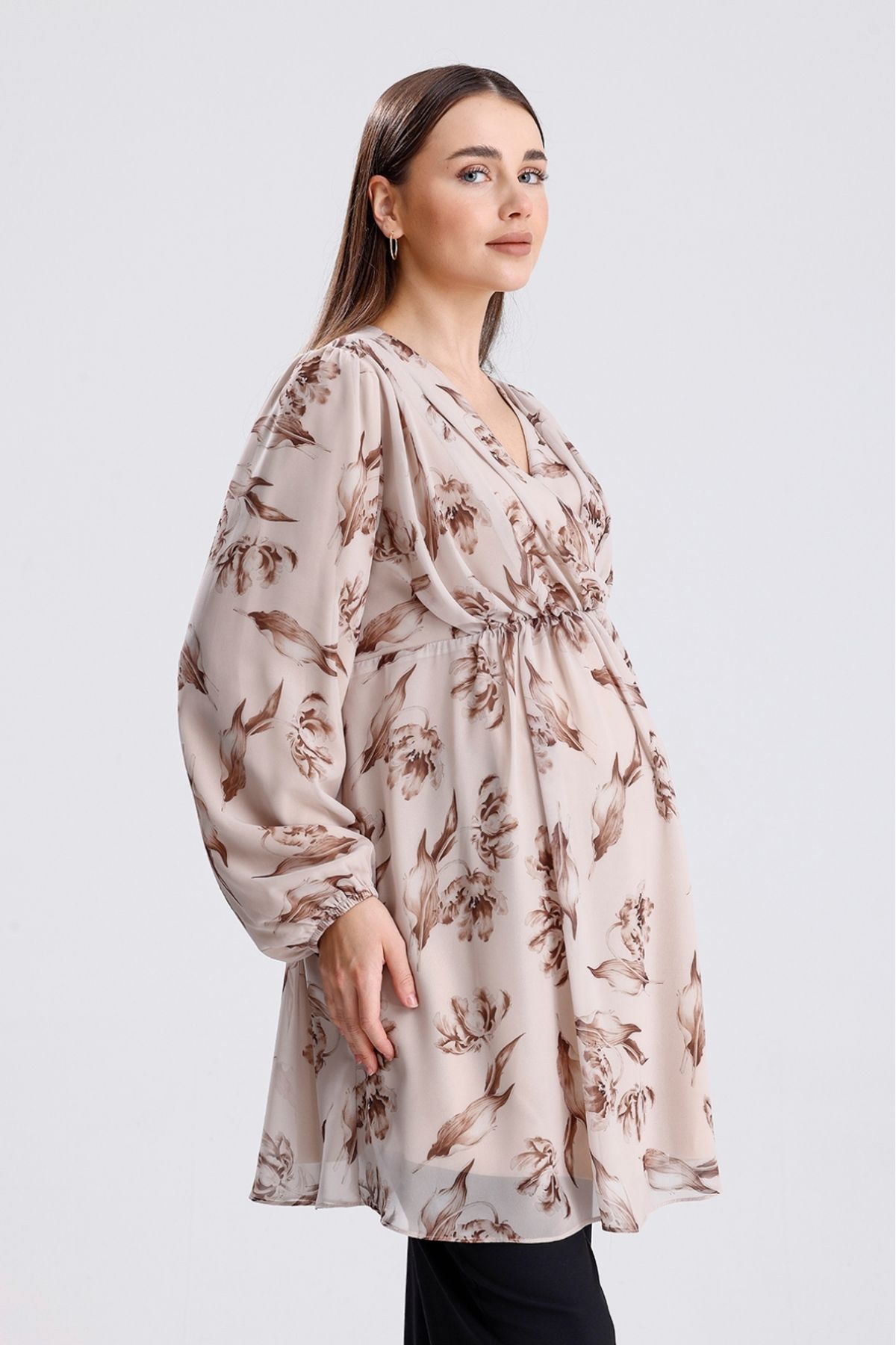 KATLİN MATERNİTY WEAR Hamile Çiçekli Desen İçi Astarli Şifon Tunik
