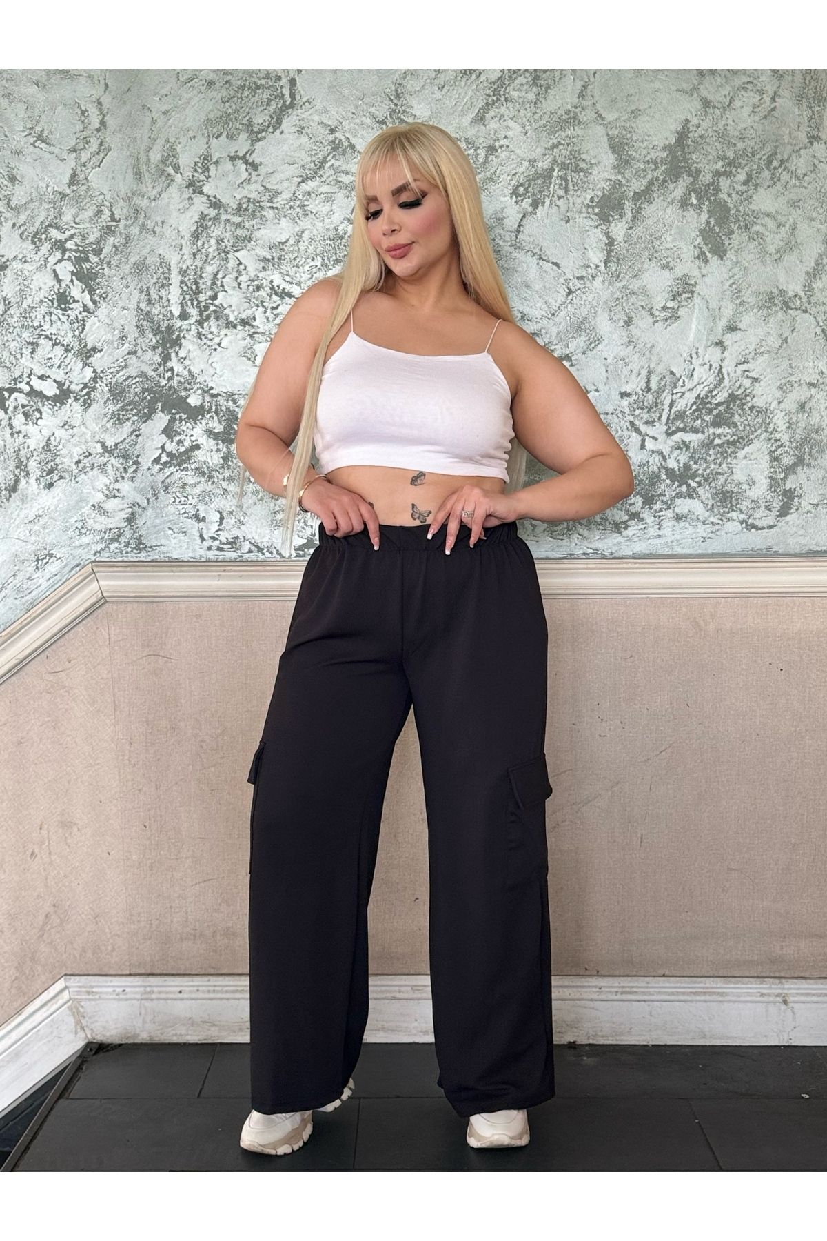 MODA KADIN BÜYÜK BEDEN CEPLİ BELİ LASTİKLİ ESNEK KARGO PANTOLON