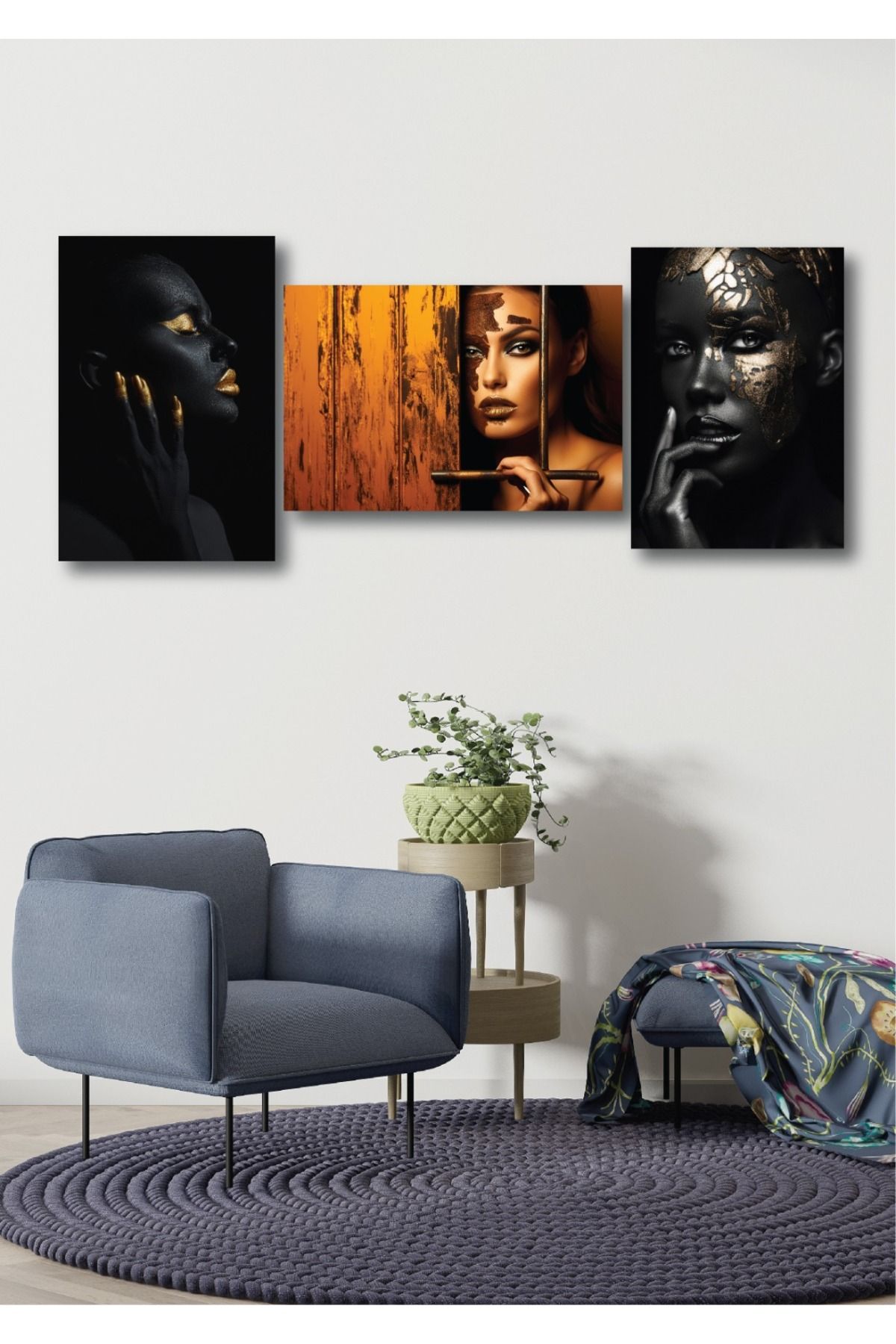 CANVASUM Glam Noir Işıltının Güzelliği Dekoratif 3'lü MDF TABLO