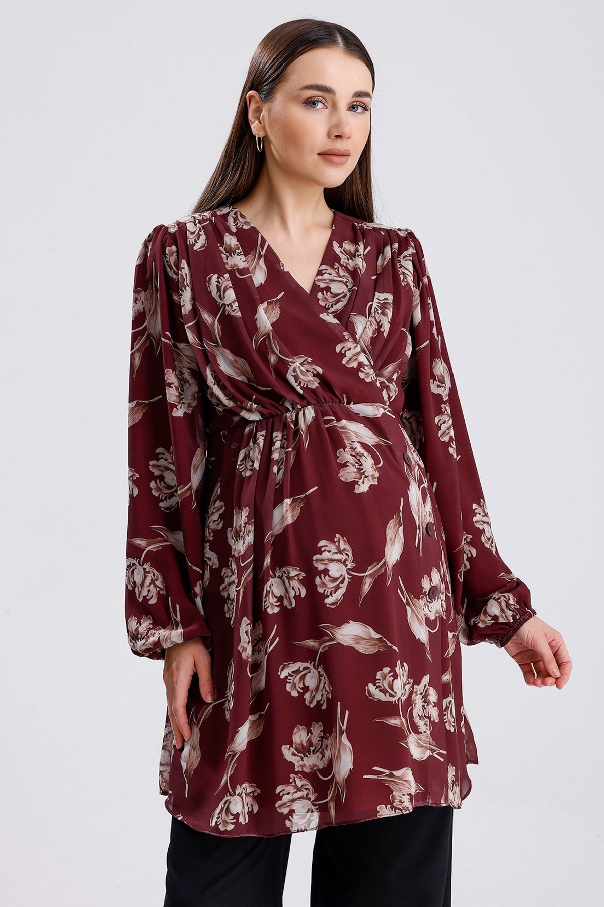 KATLİN MATERNİTY WEAR Hamile Çiçekli Desen İçi Astarli Şifon Tunik