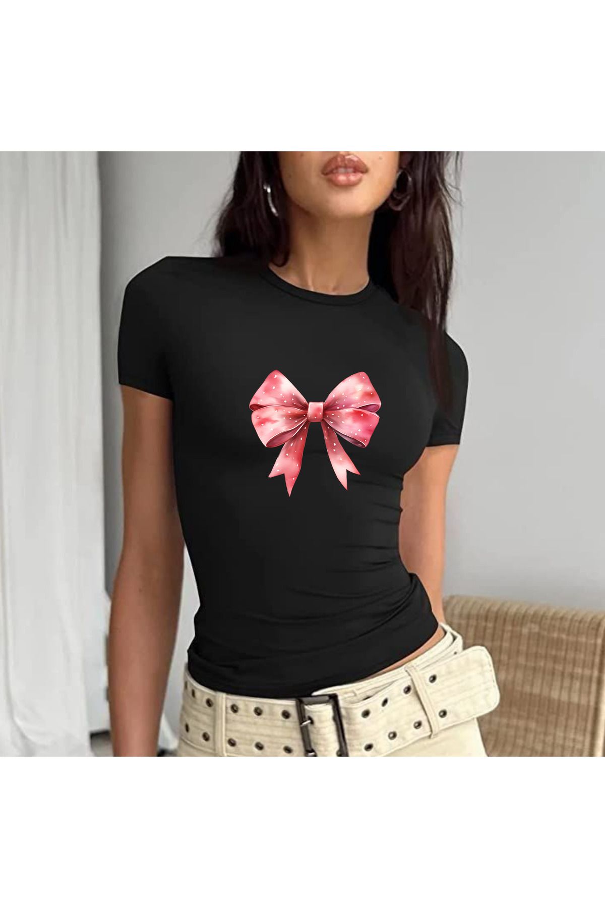 JadenJoy Pembe Fiyonk Figürlü Beyaz Baby Tee Crop