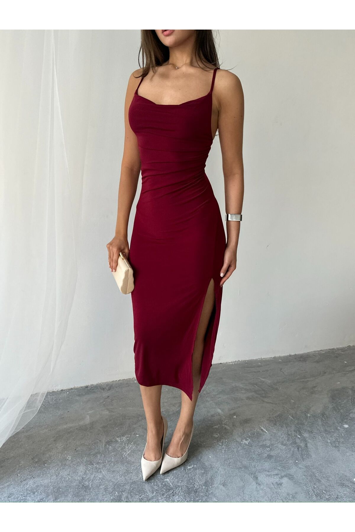 Ekim Store Bordo Askılı Yırtmaçlı Elbise