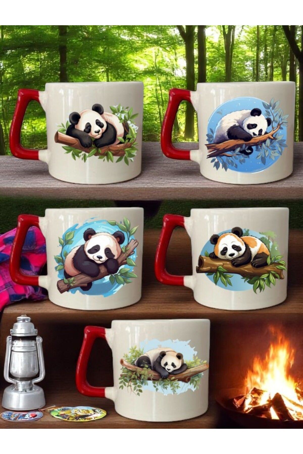 lili hediyelik Panda Baskılı 5'li Kupa Bardak - Hediyelik Eşya Ürün Seramik Kupa Bardak Hediye