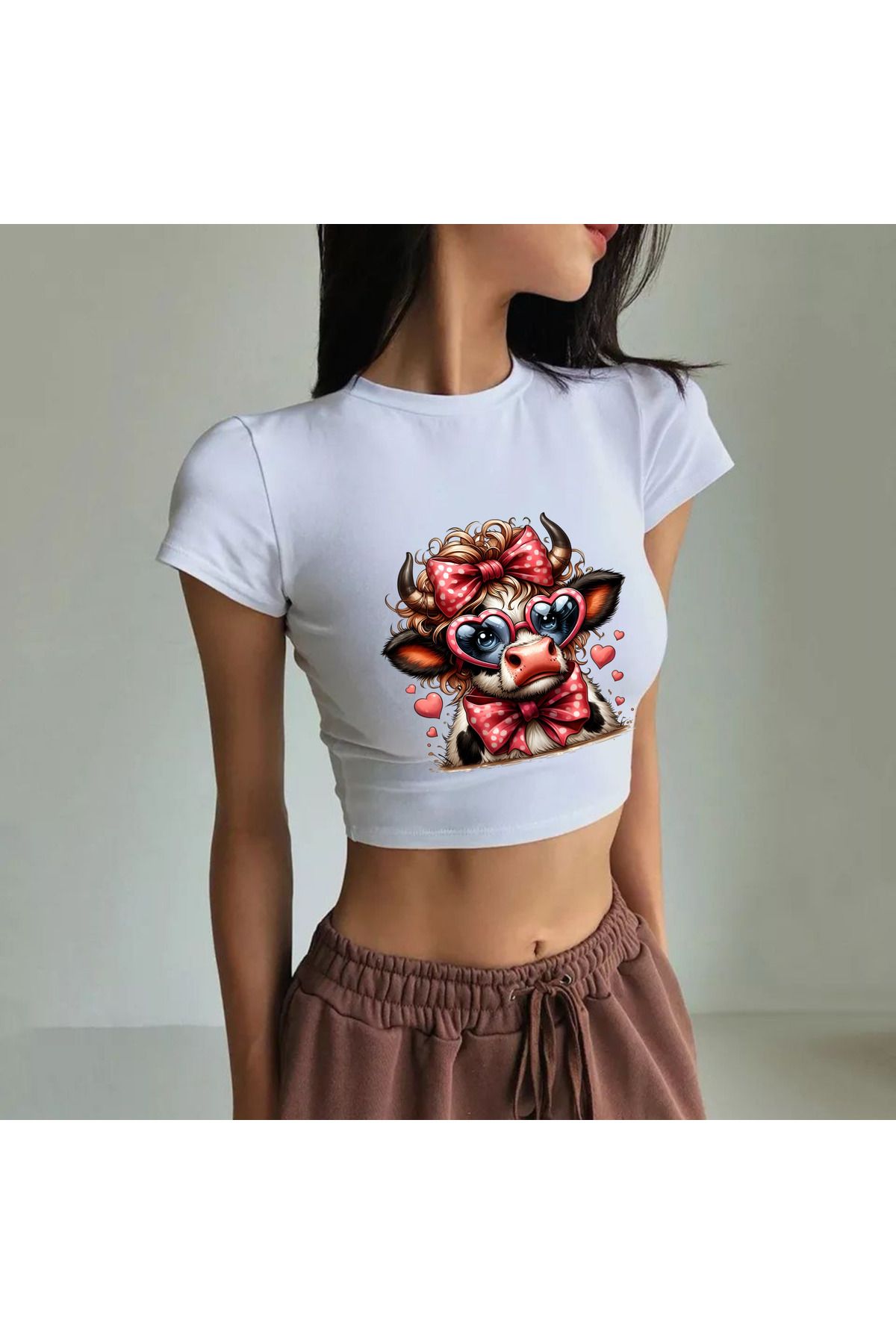 JadenJoy Kalp Gözlüklü Şebek İnek Desenli Beyaz Crop