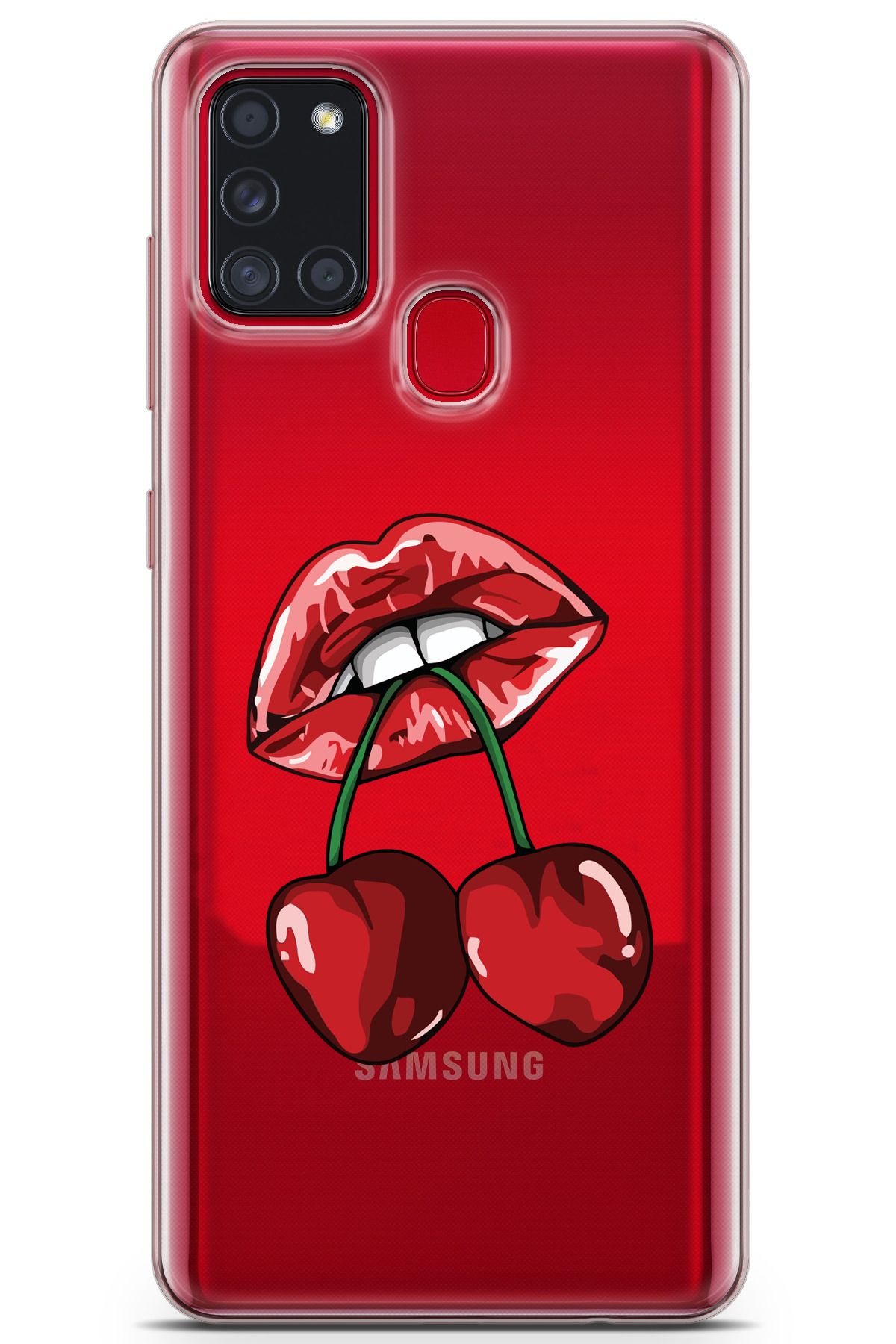 moonset Samsung Galaxy A21S Uyumlu Dudak ve Kiraz Tasarımlı Baskılı Şeffaf Telefon Kılıfı