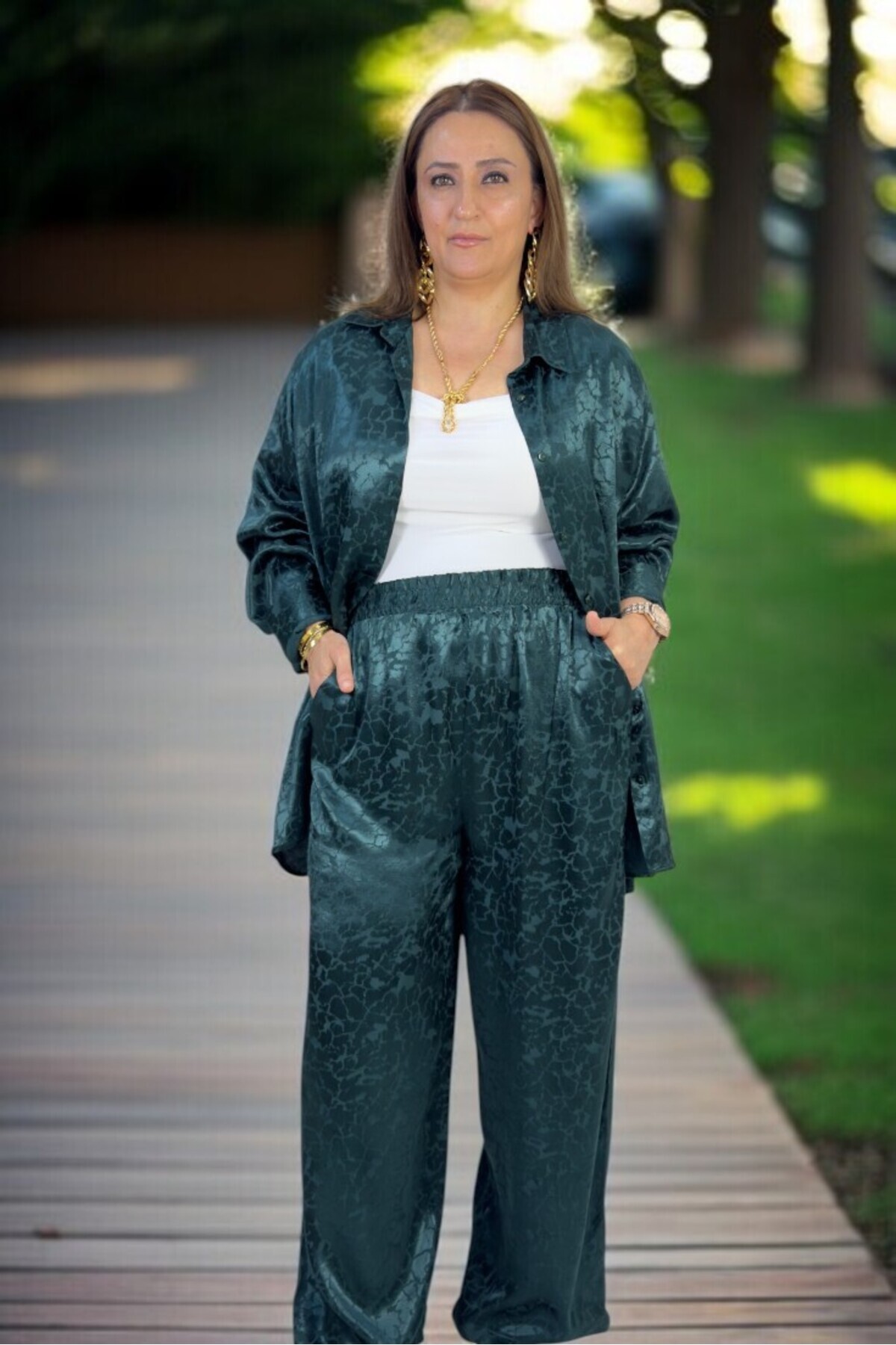 yagmurberen-Jacquard Satin Fabric Front Button Long Sleeve Shirt Waist Elastic Pants Large Size Double Suit 3