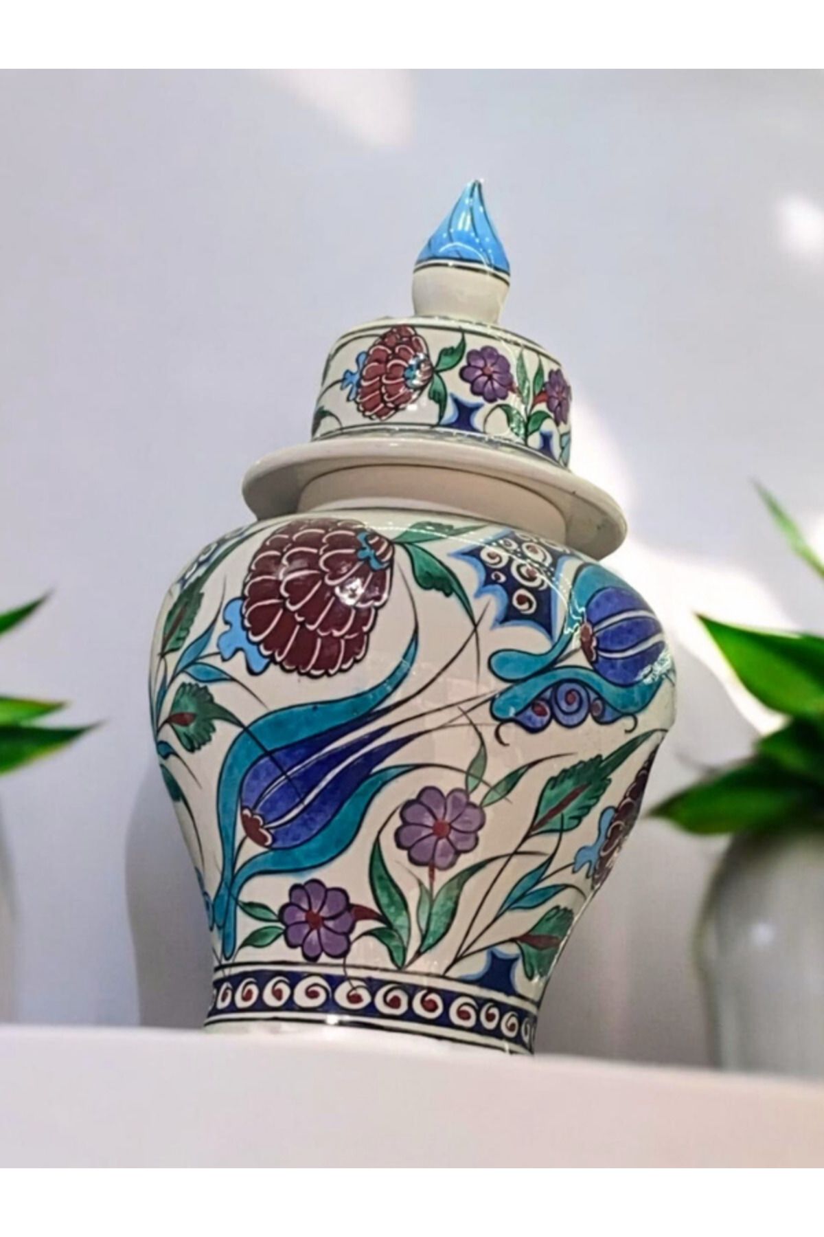Loremp Hediyelik Dekoratif El Yapımı Osmanlı Çini Desenli Kapaklı Seramik Vazo 35 cm