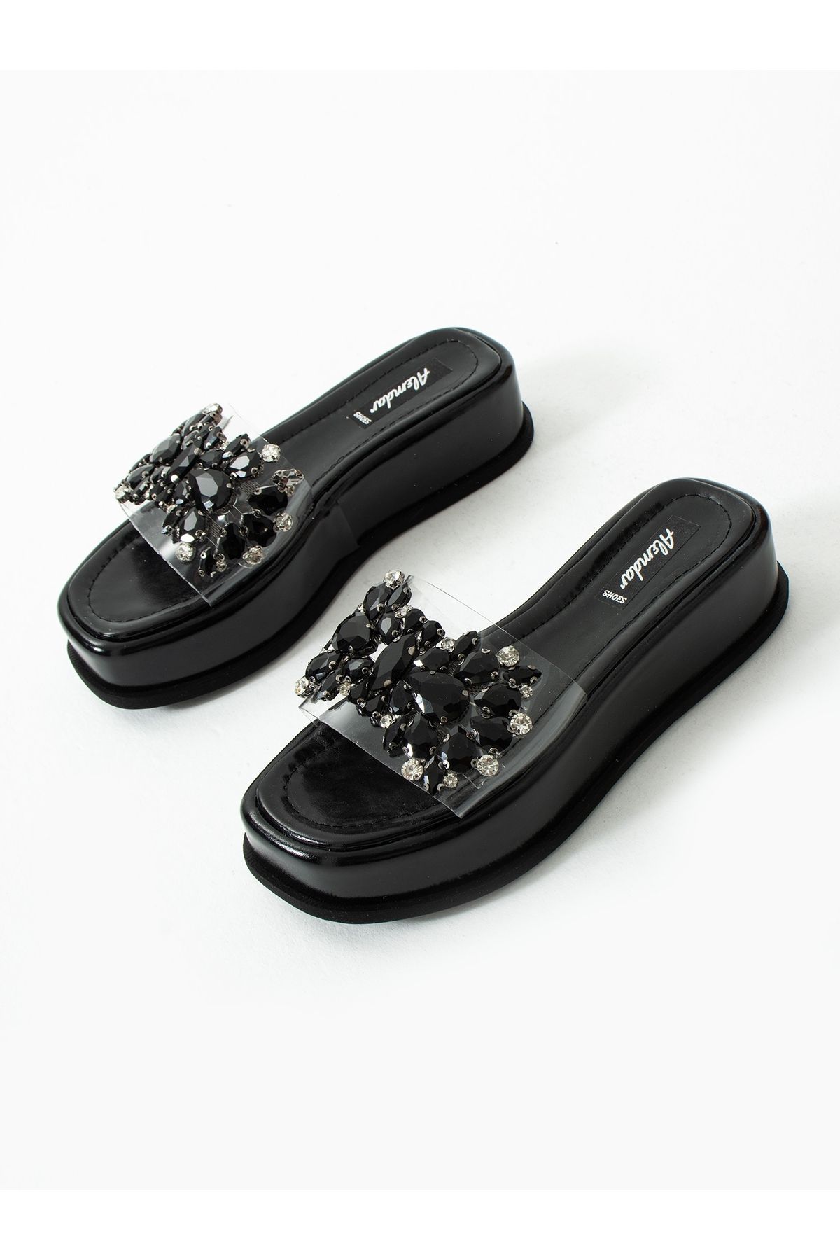 ALEMDAR AYAKKABI-Lustra Black Stone Detailed Women's Slippers 1