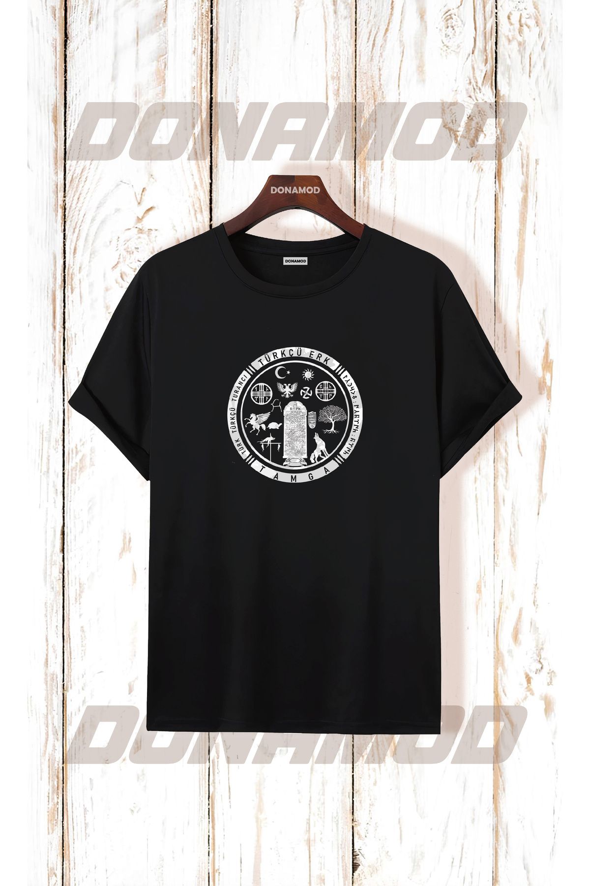 donamod Siyah Beyaz Türk Göktürkçe Alfabe Eski Türkçe Kurt Osmanlı Kökbörü Bozkurt Atatürk Tişört T shirt