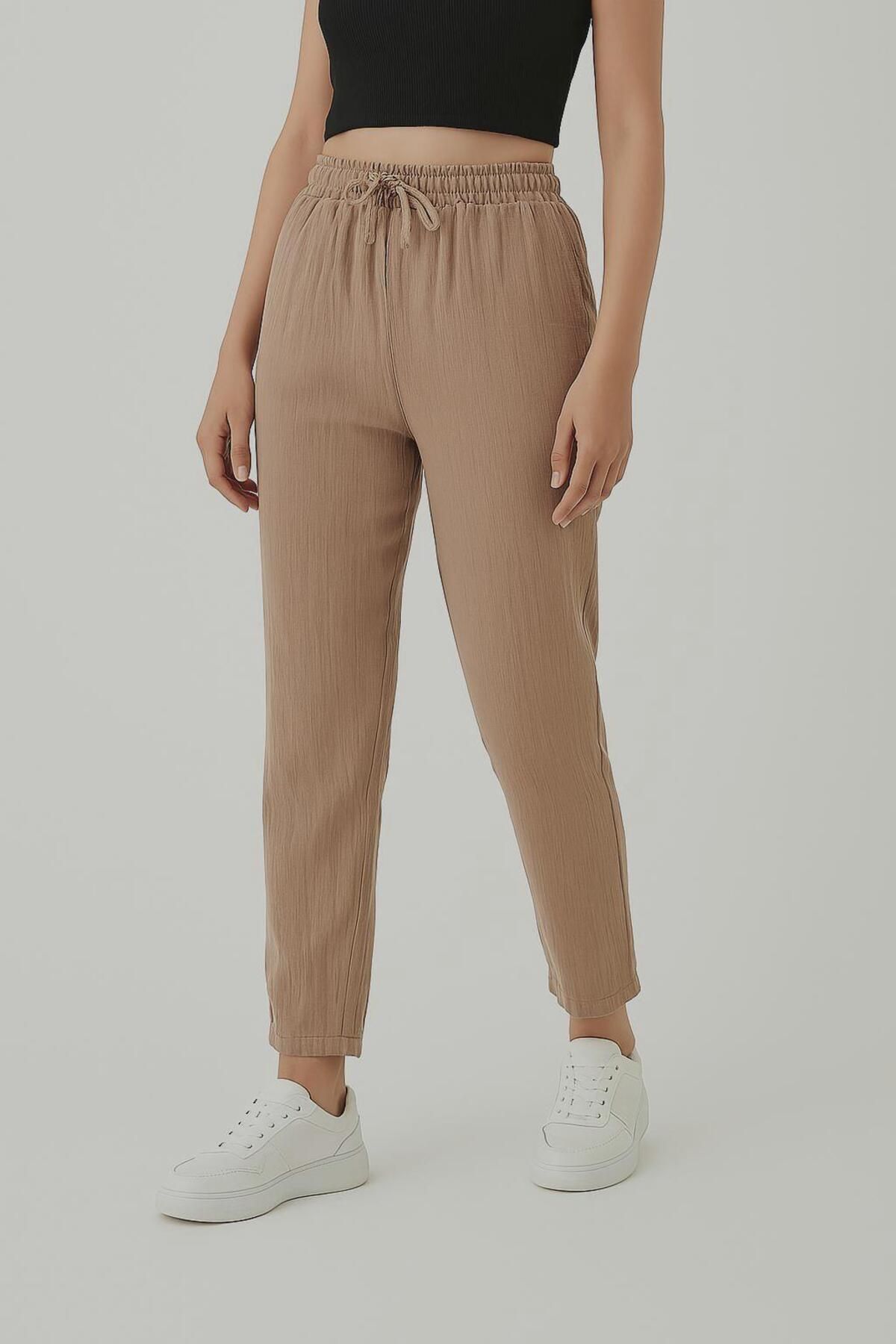 ElbiseBahçesi Gri Dar Paça Pantolon Müslin Kumaş