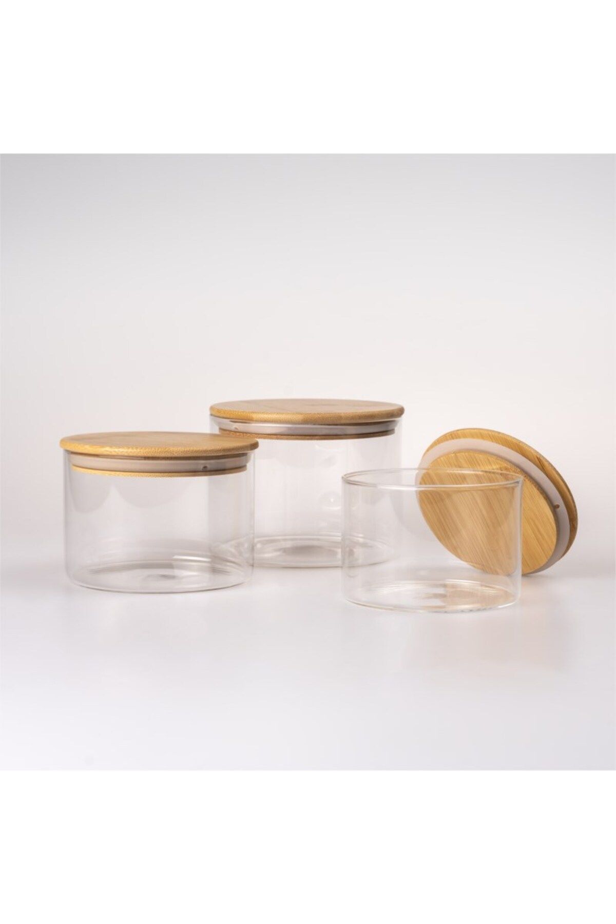 Hinora 3 Lü Bambu Kapaklı Hava Geçirmez Cam Saklama Kabı 9x7- 10x7 -11x8cm