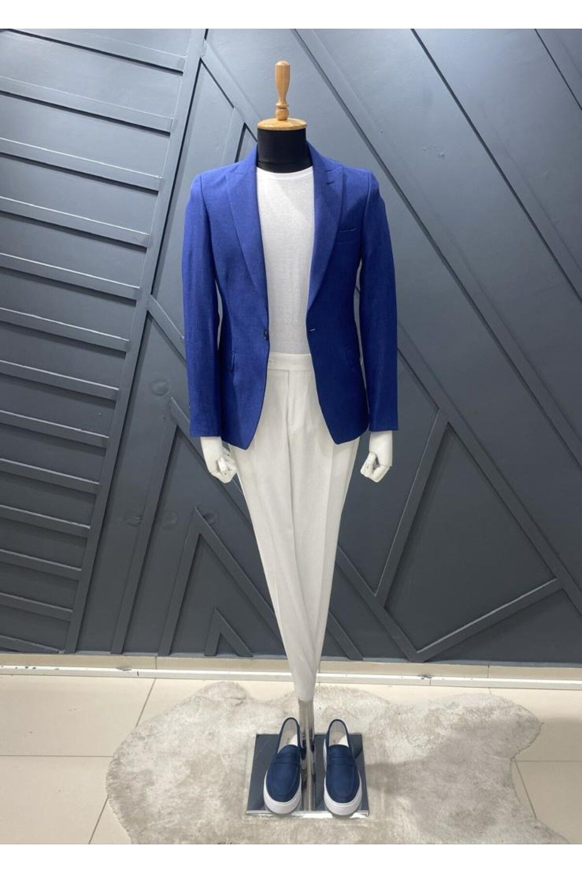 BT BABA TERZİ Erkek 3’lü Kombin Set – Saks Mavisi Ceket, Beyaz Pantolon, Saks Mavisi Ayakkabı