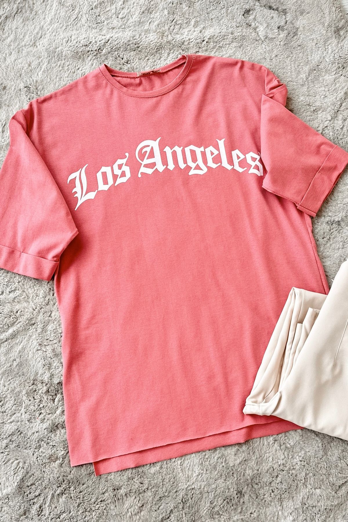 ModaAycan Los Angeles Baskılı Pudra T-Shirt MA12834