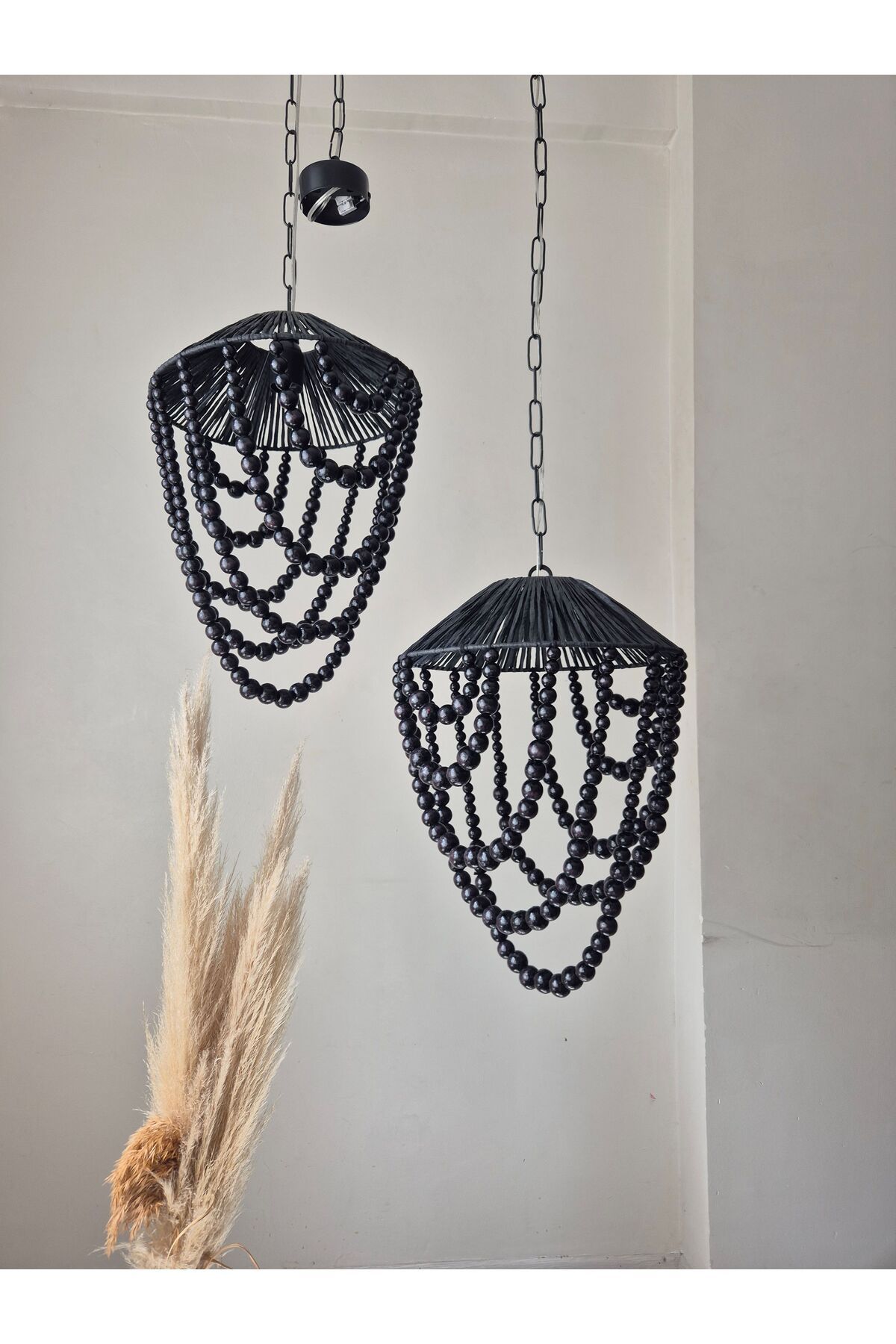 zaasdesign Rafya ve Ahşap Boncuktan Üretilmiş 1 adet 30 cm çapında Bohem Avize (Duy Dahil)