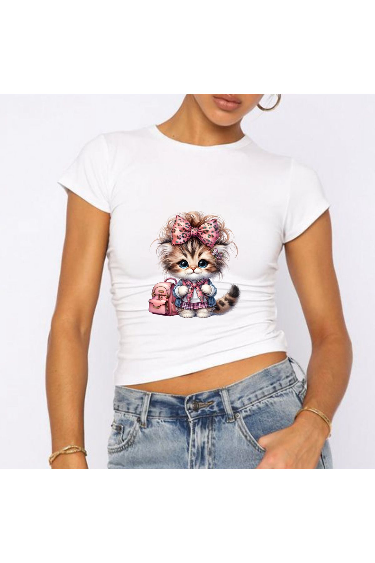 JadenJoy Pembe Fiyonklu Kedicik Figürlü Beyaz Baby Tee Crop