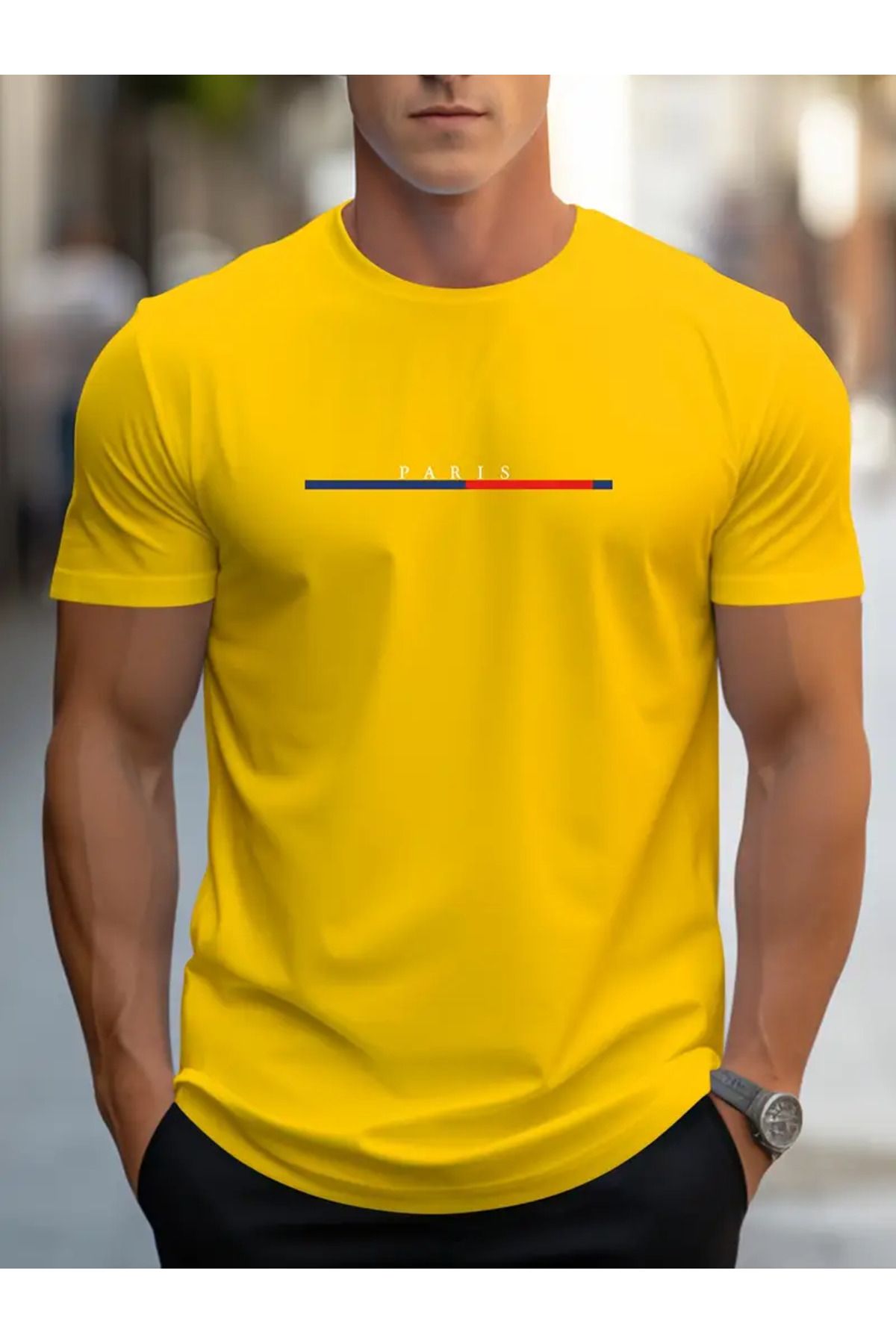 NEW TRENDY COLLECTİON Erkekler için Trend Paris Bayrağı Esinlenmiş Baskılı Tişört