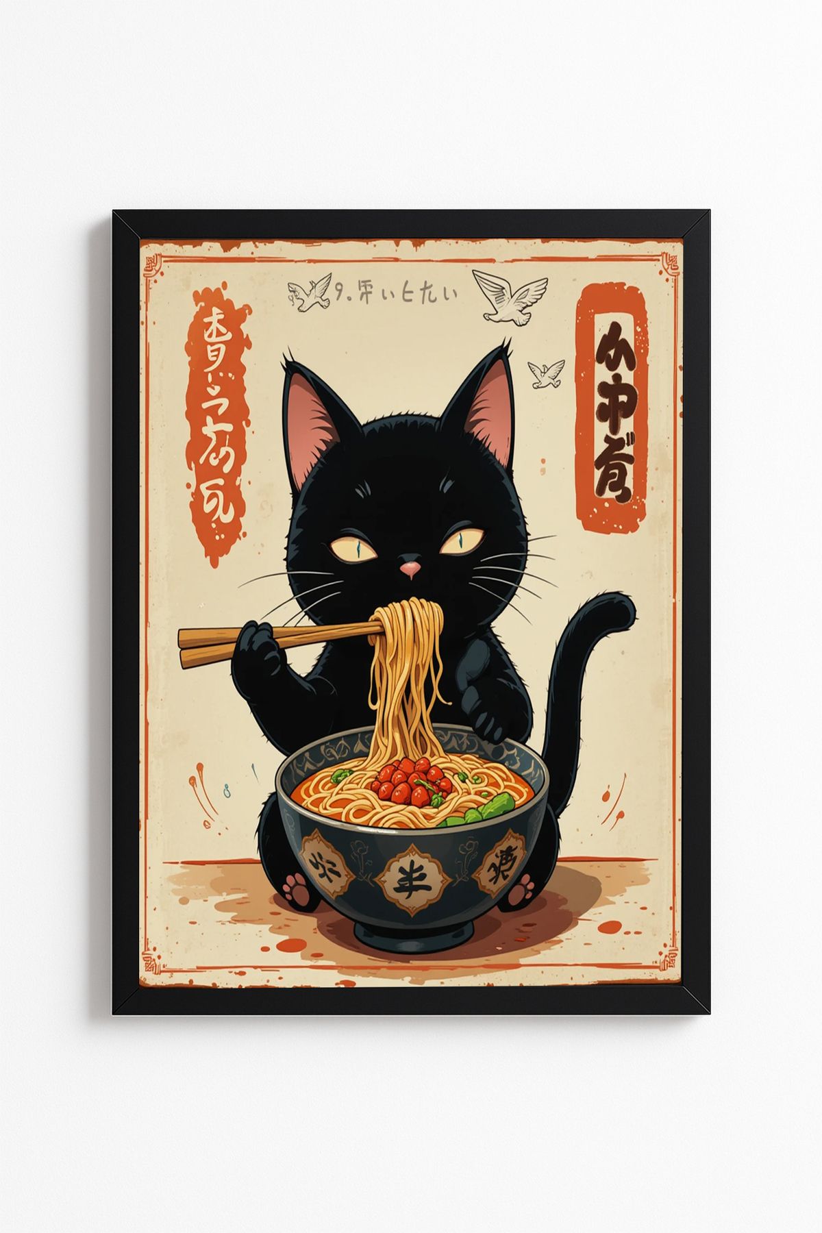 Patte Ramen Yiyen Komik Kedi Posteri - Duvar Poster - Tablo Ölçülerinde Çerçevesiz Renkli Poster