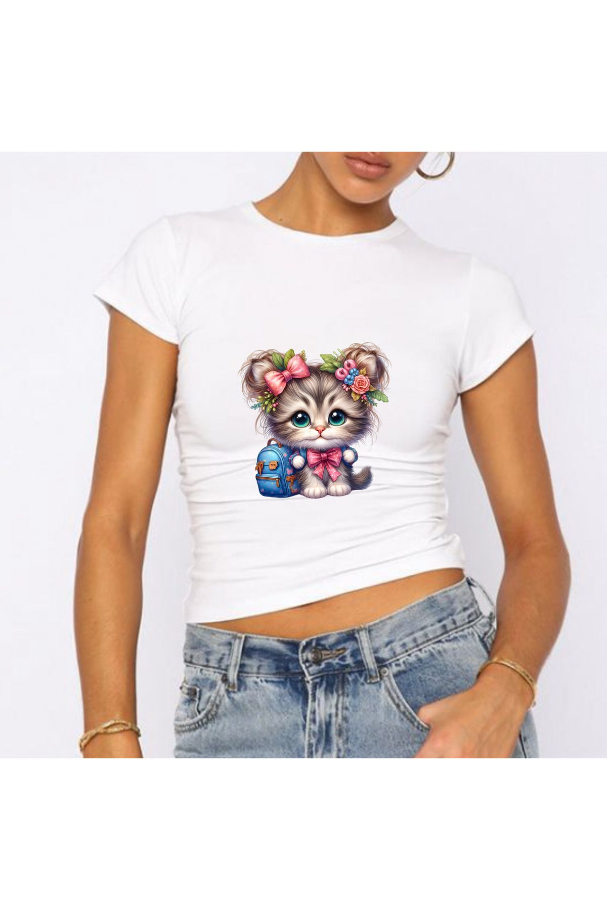 JadenJoy Topuzlu Kedicik Figürlü Beyaz Baby Tee Crop