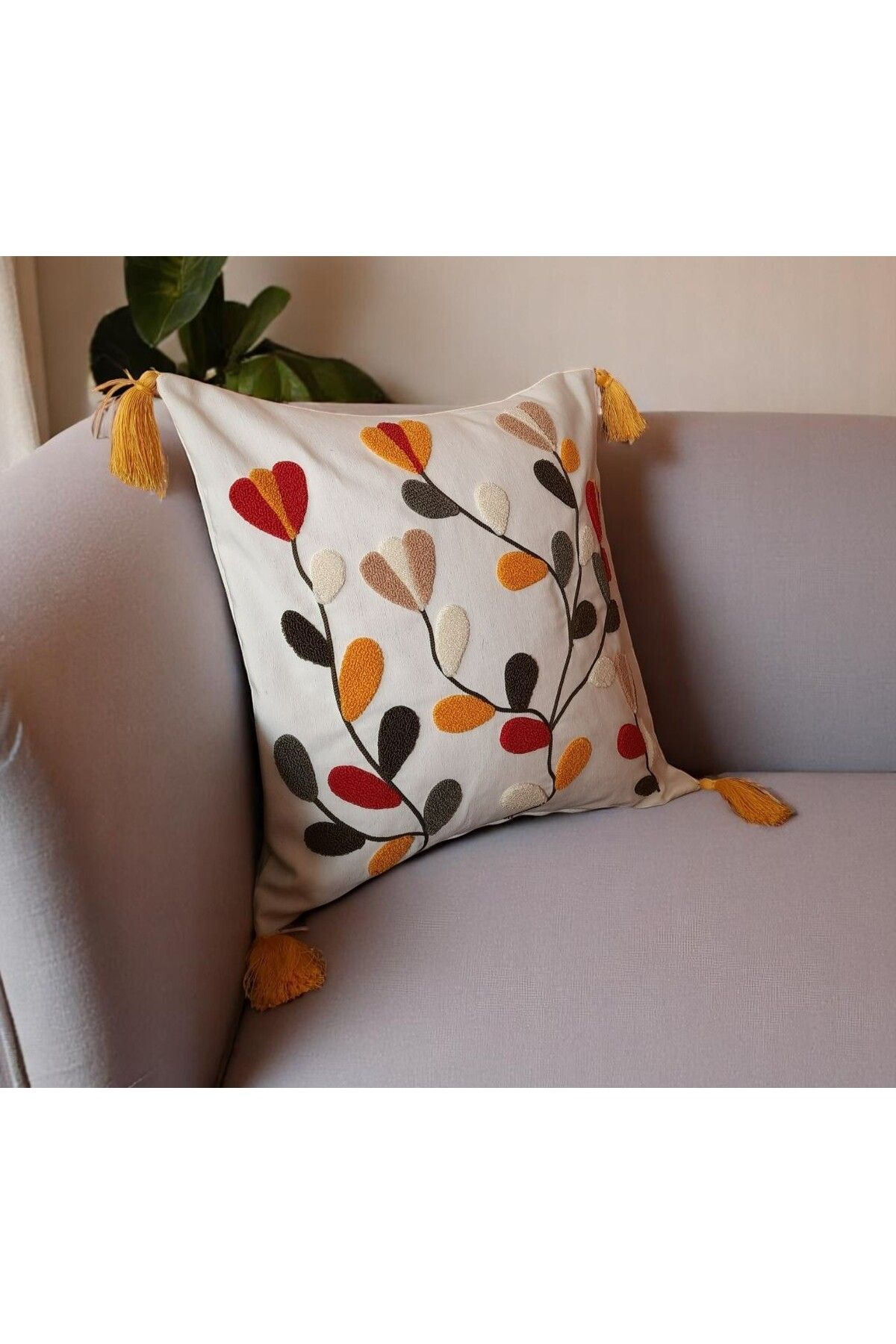 CheyİZ Home Punch Panç Kırlent Kılıfı 40x40 cm Tekli Püsküllü