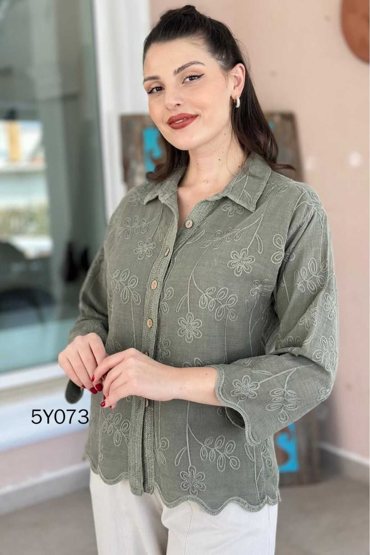 Seviliko Kadın Keten Gömlek Süzene Çiçek Nakışlı Pamuk